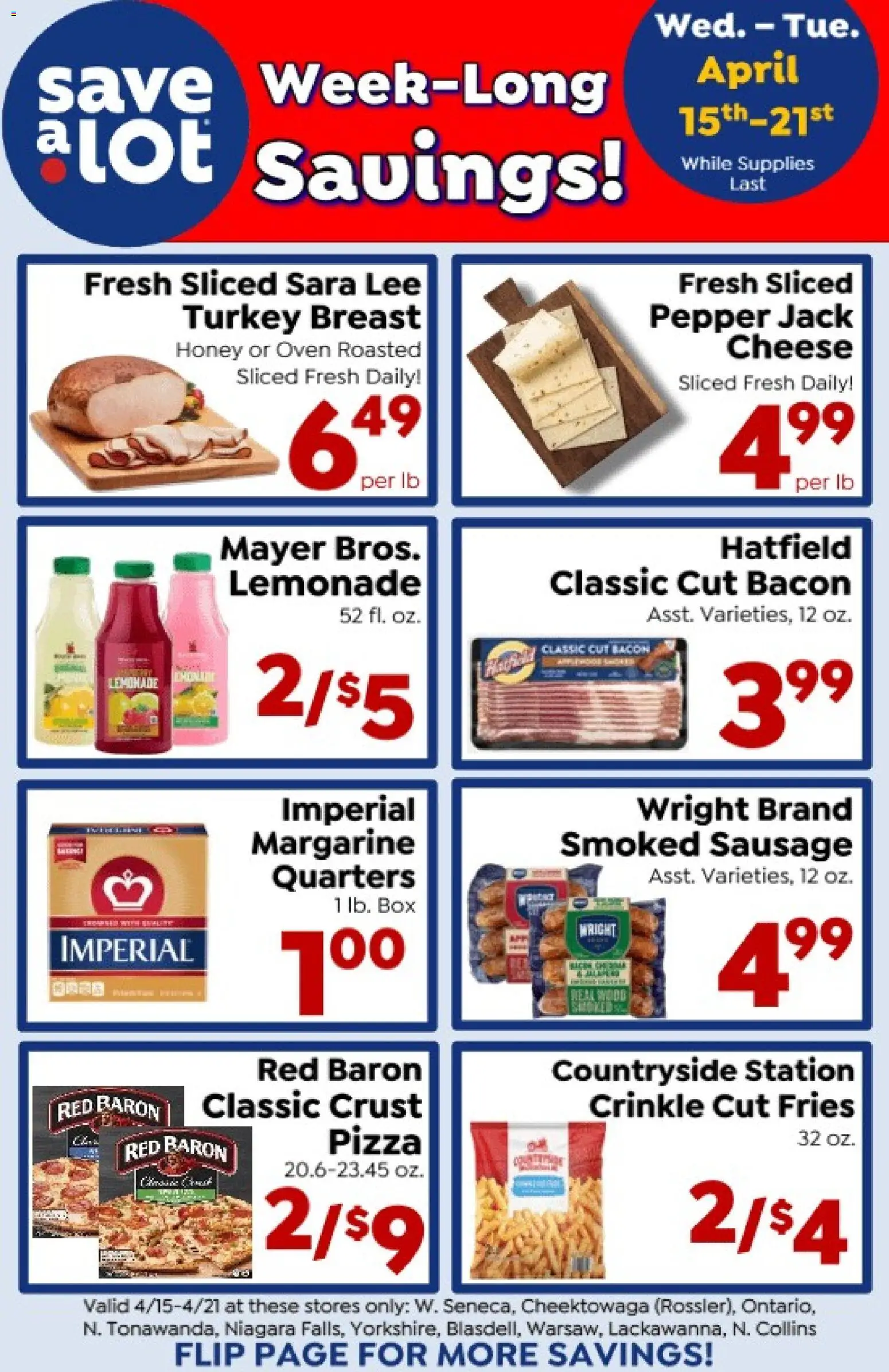 Ad Preview of Save a Lot Save a Lot Special Promotion from 04/15/2026 - Pizza, Turkey, Box, Honey, Cheese, Lemonade, Bacon, Sausage