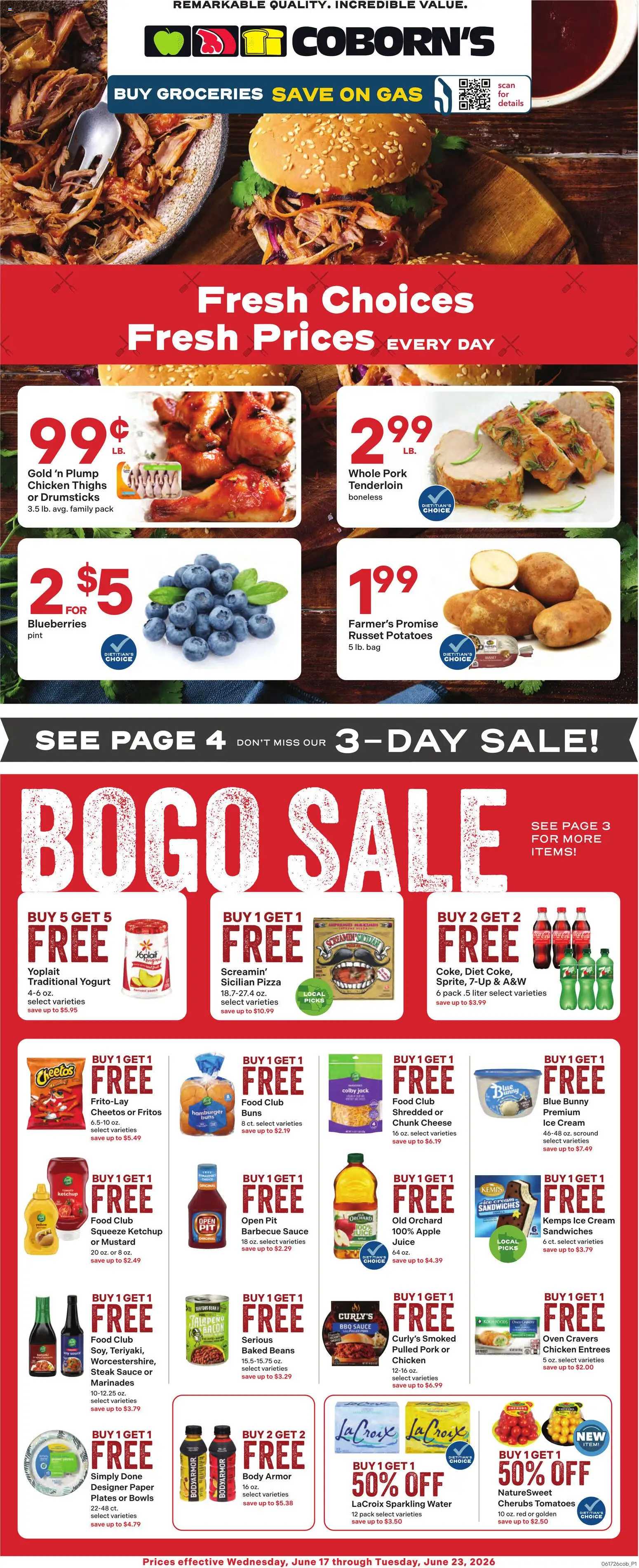 Ad Preview of Coborn's Coborn's Weekly Ad from 06/17/2026 - Steak, Hamburger, Potatoes, Peach, Chicken thighs, Cream, Mustard, Chicken