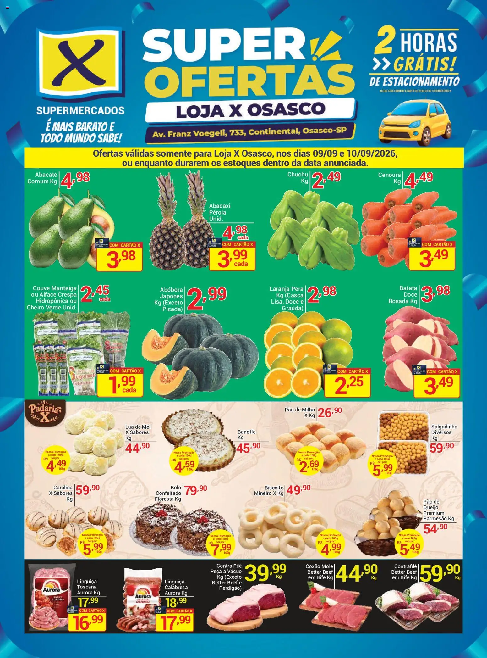 Pré-Visualização do folheto "X Supermercados ofertas Osasco" da loja X Supermercados válido a partir de 09/09/2026 - Pão, Biscoito, Batata, Manteiga, Mel, Cenoura, Alface, Contra filé