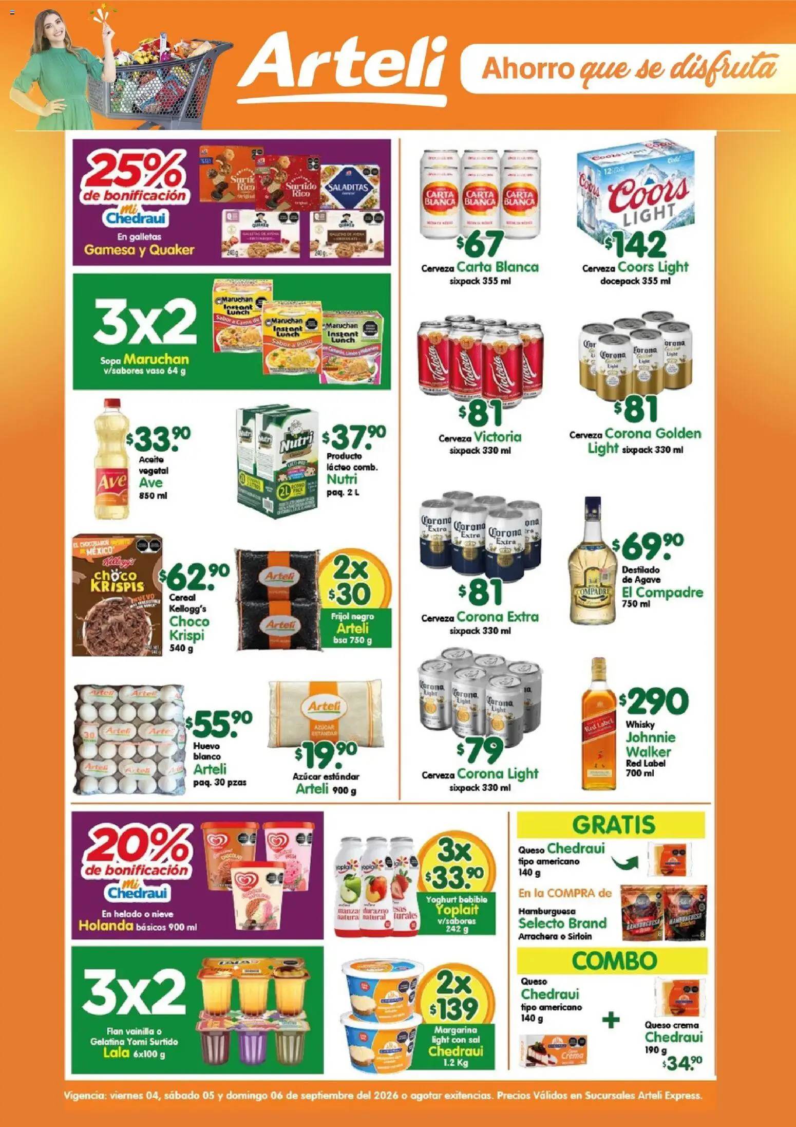 Vista previa las ofertas de la tienda Arteli - Arteli folleto Express desde el 04/09/2026 - Galletas, Queso, Queso crema, Huevo, Sal, Cerveza Corona, Agave, Margarina