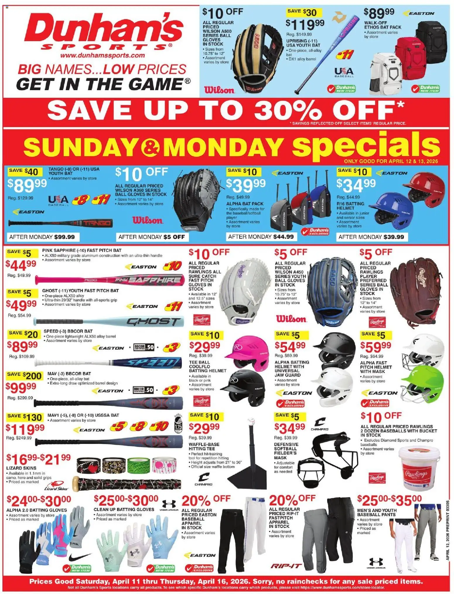 Ad Preview of Dunham's Sports Dunham's Sports Weekly Ad from 04/11/2026 - Mask, Pants, Gloves, Player