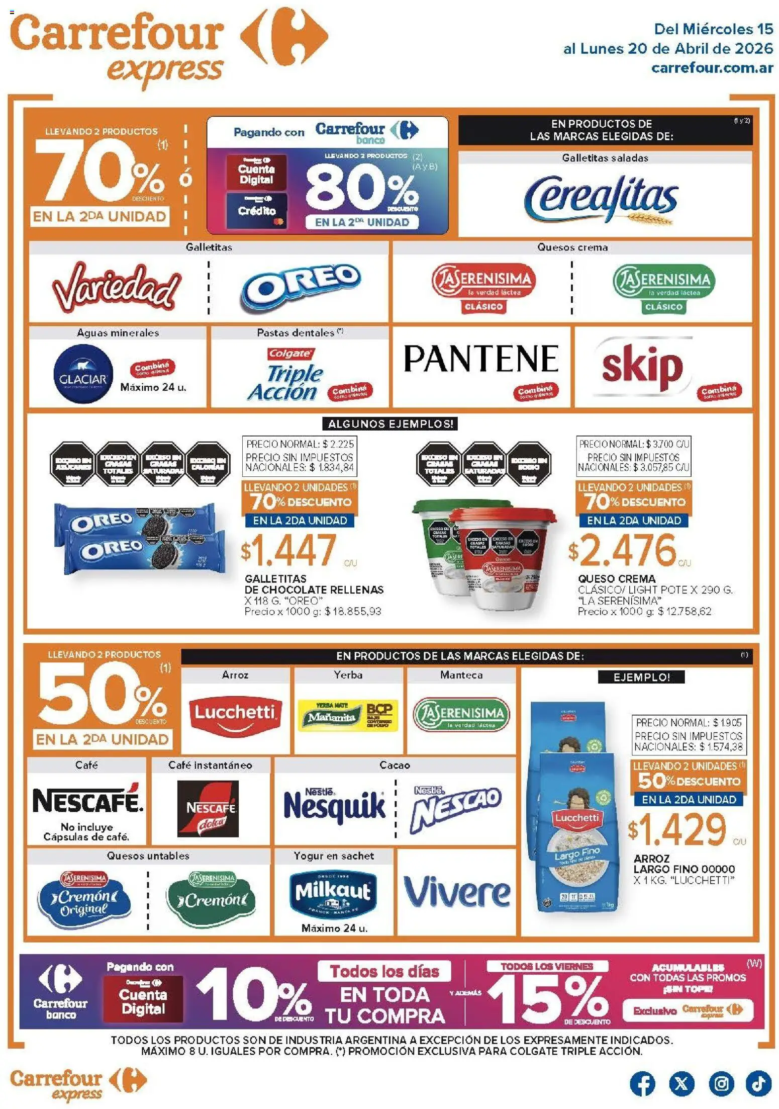Vista previa del folleto de la tienda Carrefour válido desde el 15/04/2026 - Café, Banco, Mate, Galletitas, Yogur, Cacao, Cápsulas, Café instantáneo