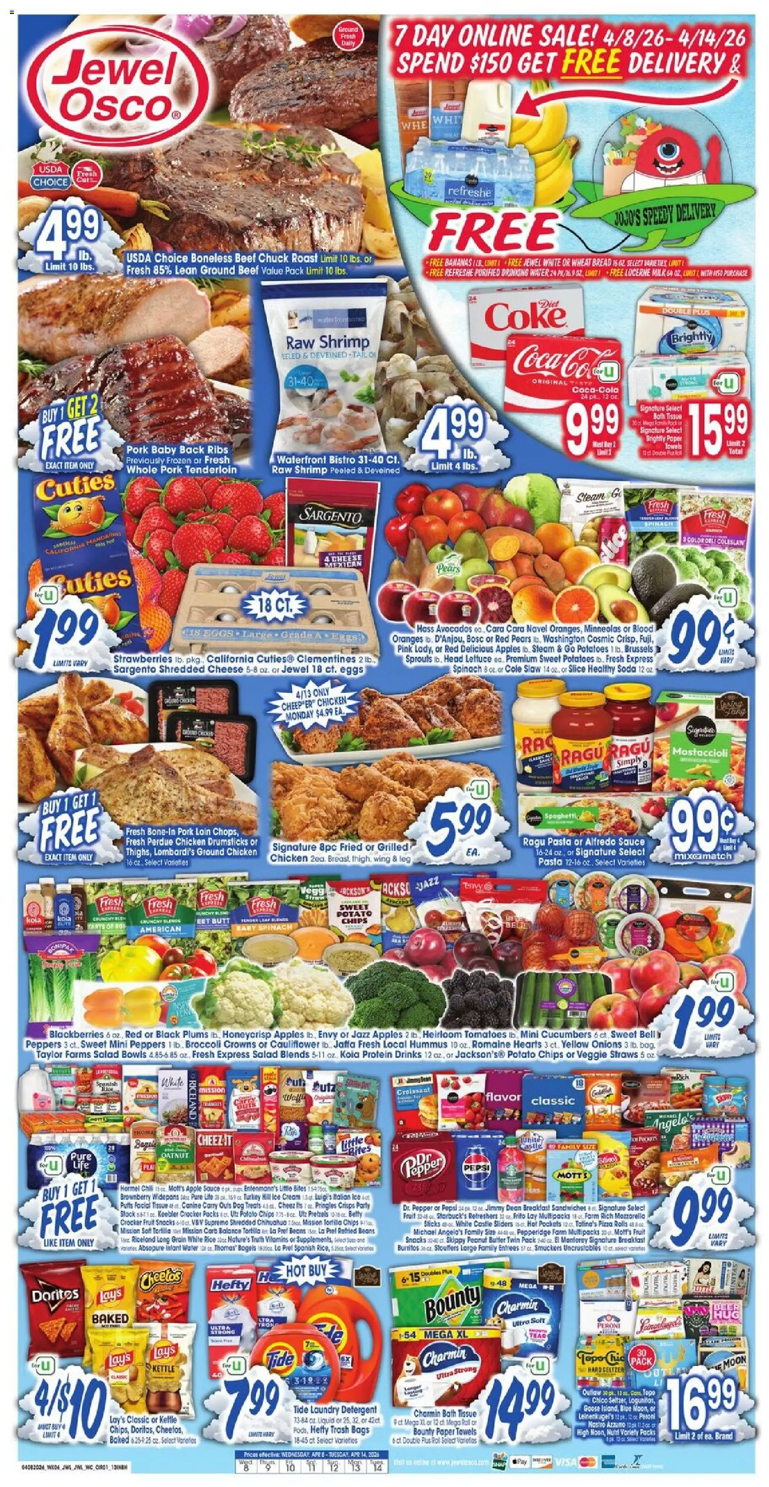 Ad Preview of Jewel Osco Jewel Osco Weekly Ad - IN from 04/08/2026 - Pizza, Ice cream, Oranges, Pepsi, Pepper, Ground beef, Potato chips, Pork tenderloin