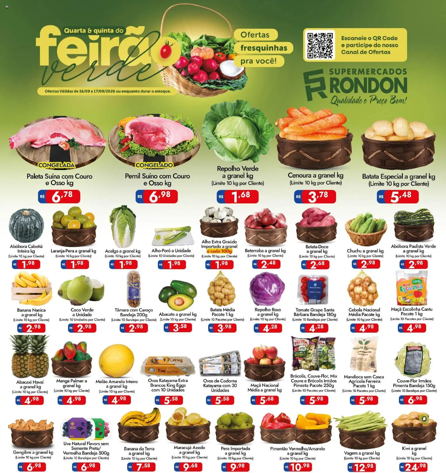 Pré-Visualização do folheto "Supermercados Rondon - Ofertas da semana" da loja Supermercados Rondon válido a partir de 16/09/2026 - Abacaxi, Chuchu, Abóbora, Gengibre, Batata, Cebola, Pimentão, Paleta suína