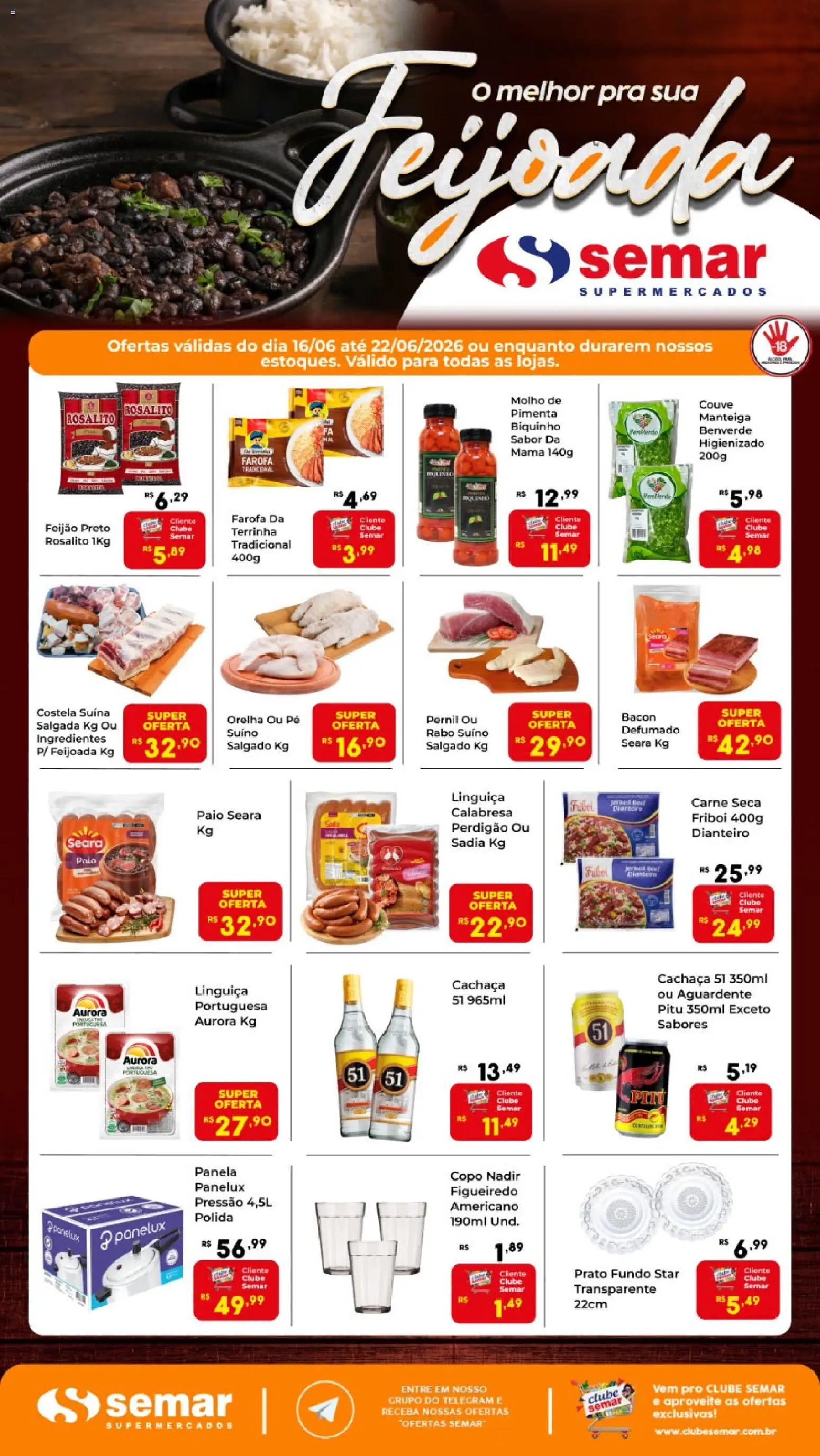 Pré-Visualização do folheto "Semar Supermercado ofertas Feijoada" da loja Semar Supermercado válido a partir de 16/06/2026 - Feijão, Carne, Manteiga, Cachaça, Panela, Bacon, Linguiça, Cachaça 51