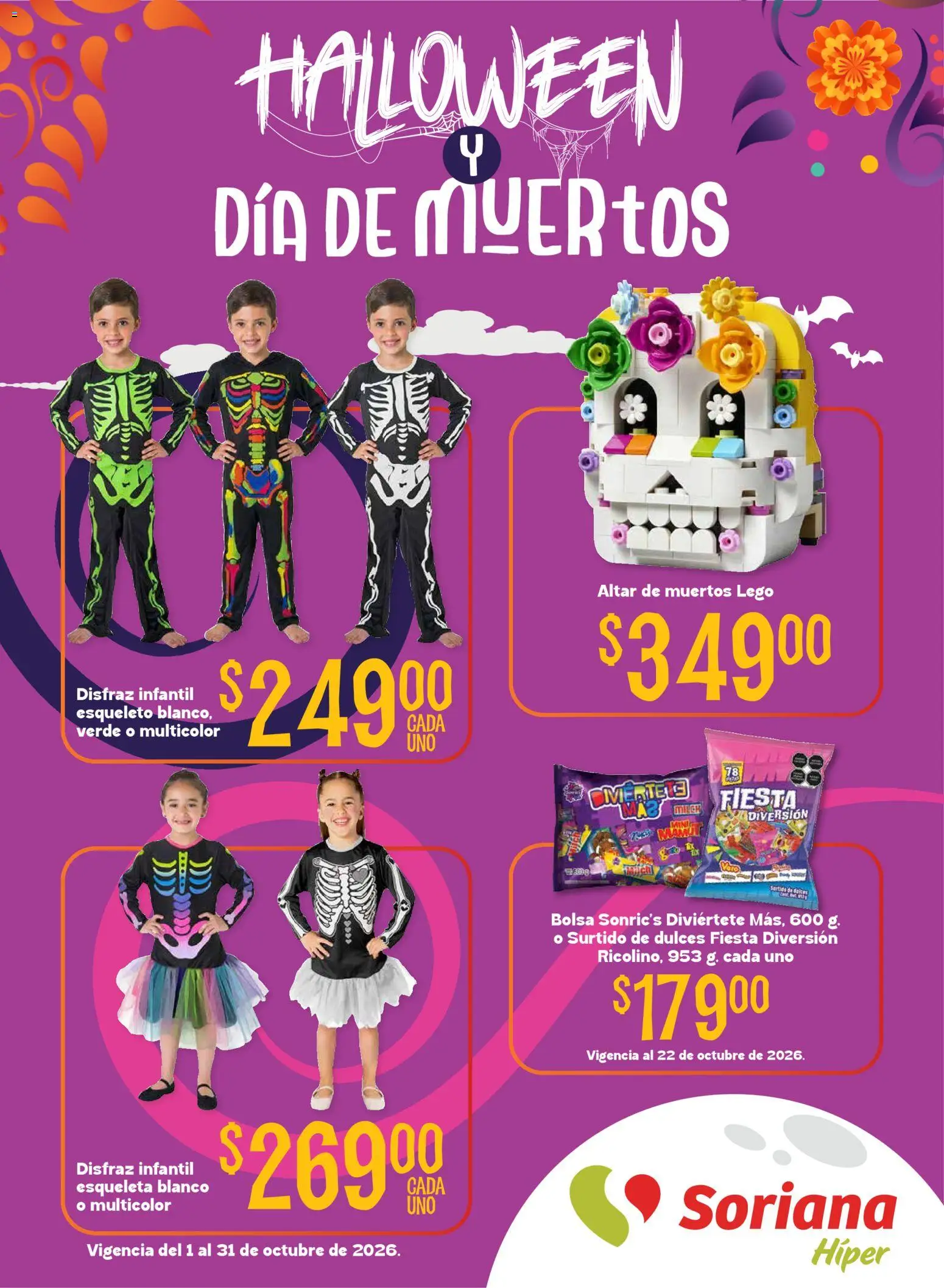 Vista previa las ofertas de la tienda Soriana - Soriana Híper - Halloween y Día de muertos desde el 01/10/2026 - LEGO, Dulces, Bolsa