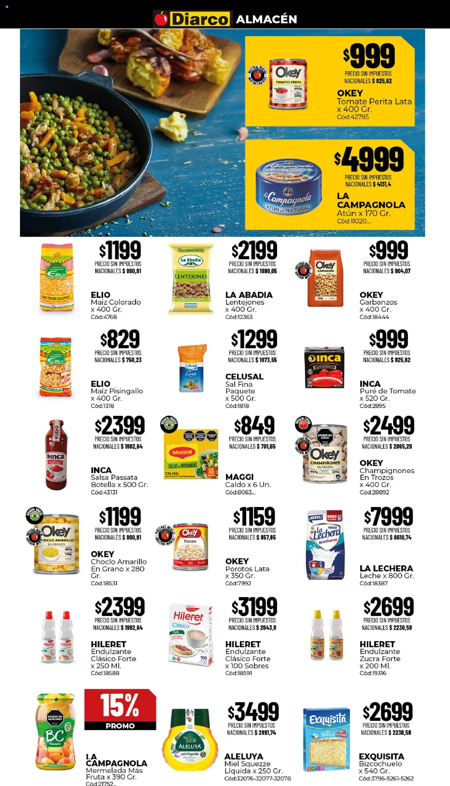 Vista previa del folleto de la tienda Diarco válido desde el 17/08/2026 - Miel, Tomate, Verduras, Leche, Atún, Choclo, Champiñones, Puré
