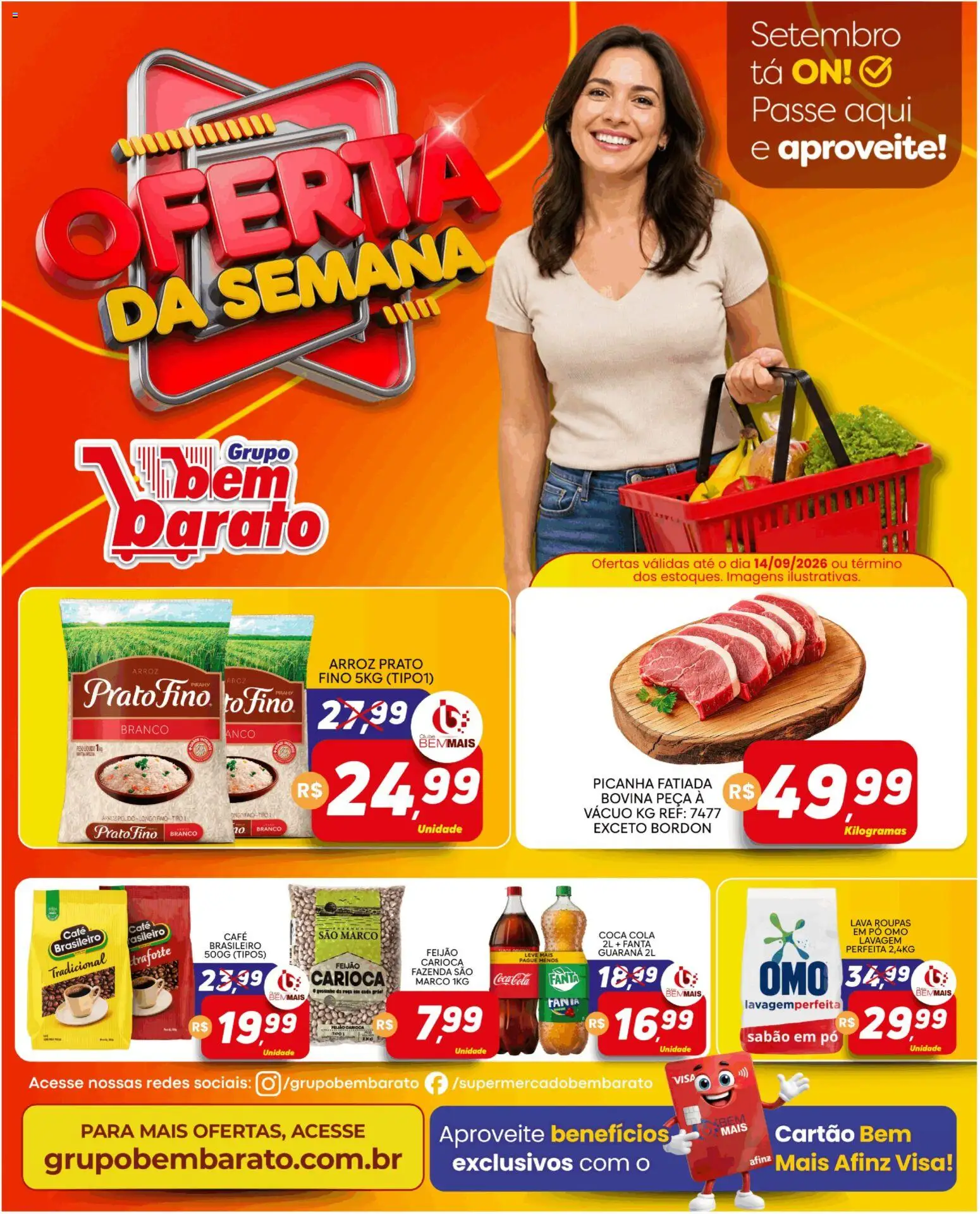 Pré-Visualização do folheto "Supermercado Bem Barato - Ofertas da semana" da loja Supermercado Bem Barato válido a partir de 08/09/2026 - Café, Picanha, Arroz, Feijão, Leite, Cola, Guaraná, Fanta