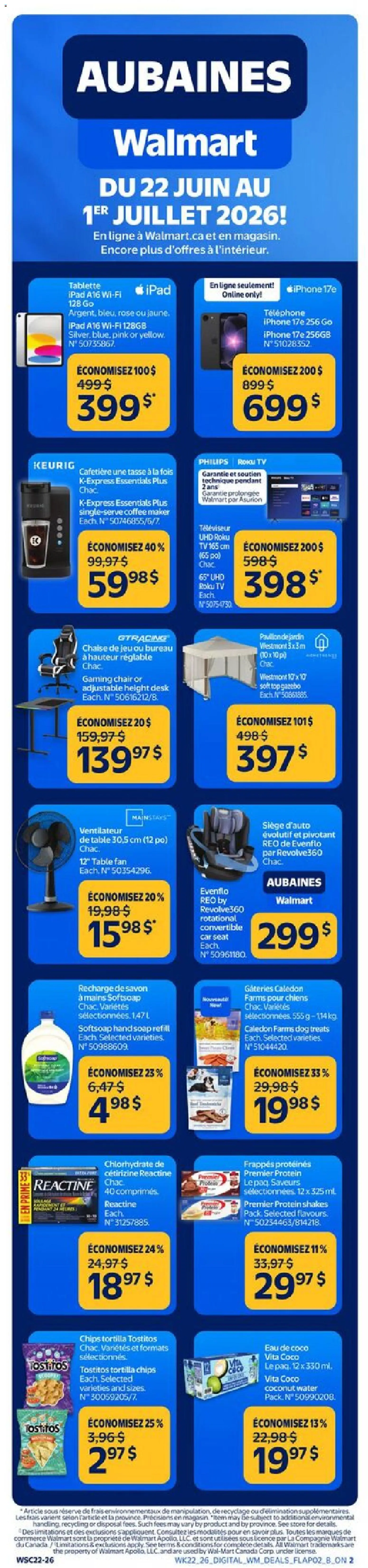 Preview of leaflet Walmart Aubaines from shop Walmart is valid from Jun 22, 2026 - Fan, Protein, Tablet, Coconut, Coffee maker, Television, Smartphone, Tortilla chips