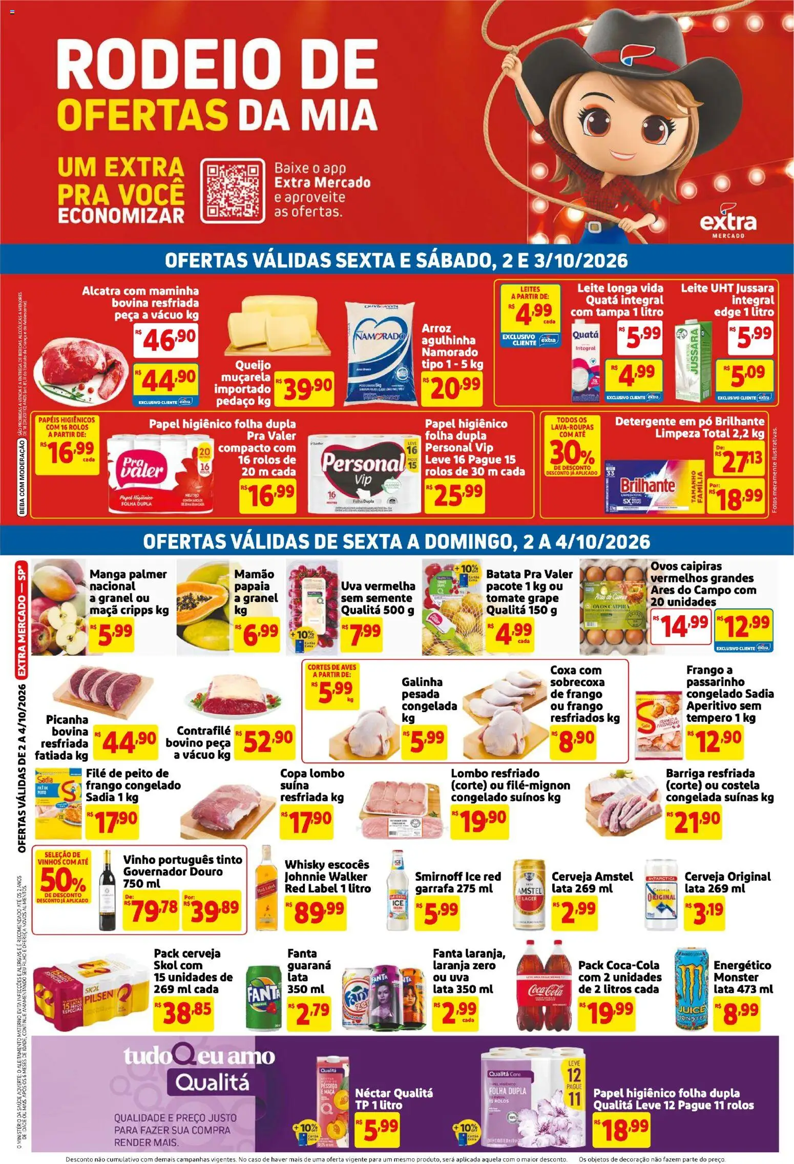 Pré-Visualização do folheto "Extra ofertas de Mercado Semanal" da loja Extra válido a partir de 02/10/2026 - Arroz, Copa, Papel higiênico, Cola, Alcatra, Lombo, Fanta, Leite longa vida