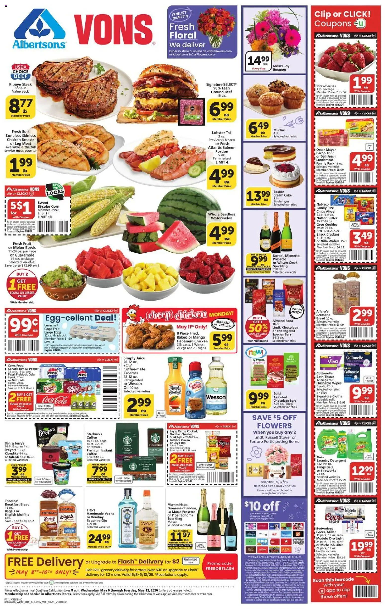 Ad Preview of Vons Vons Weekly Ad from 05/06/2026 - Chips, Date, Meat, Bacon, Muffins, Kettle, Detergent, Fireworks