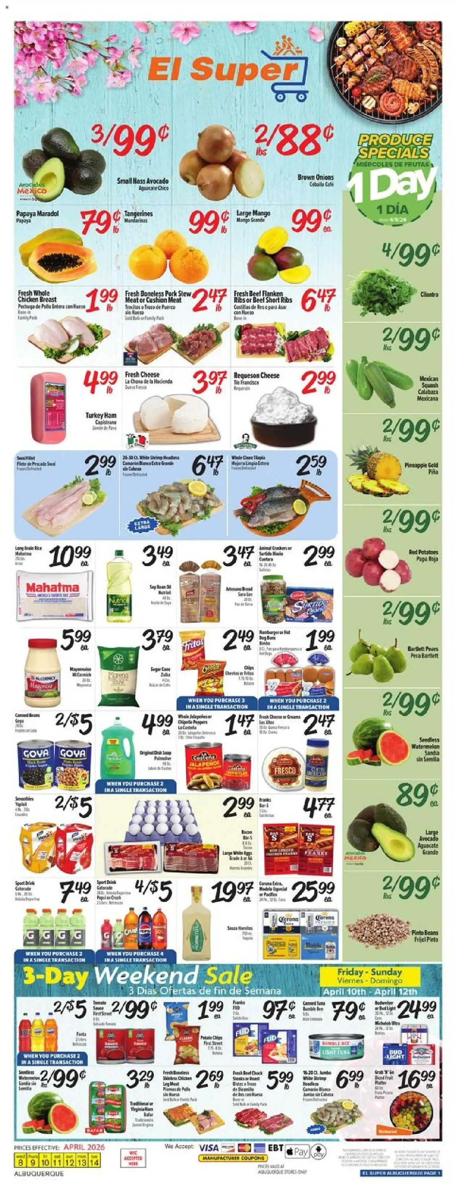 Ad Preview of El Super El Super Weekly Ad - NM from 04/08/2026 - Peppers, Ham, Soap, Beef, Pipe, Potato chips, Cushion, Chicken
