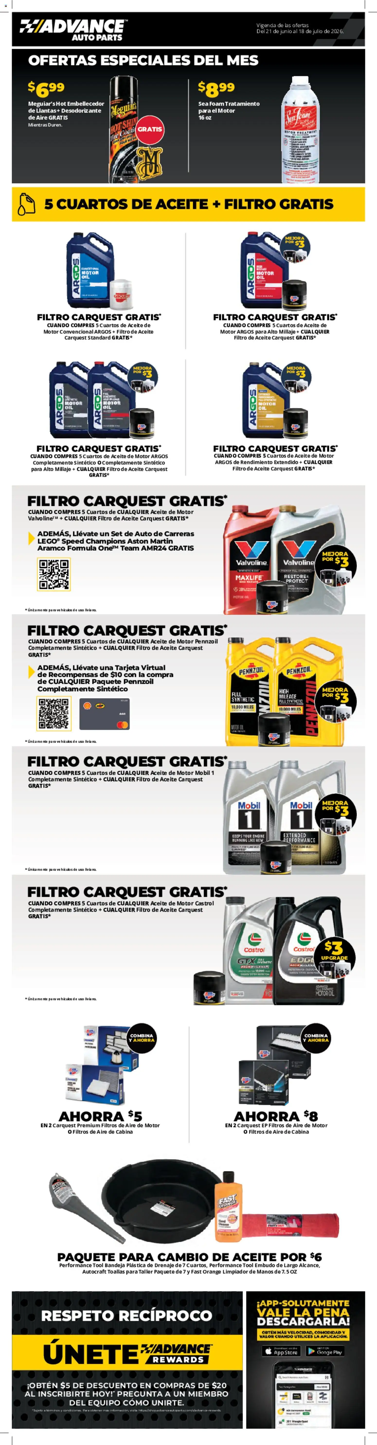Ad Preview of Advance Auto Parts Advance Auto Parts Sales Ad - Spanish from 06/21/2026 - Oil, Foam, Motor Oil