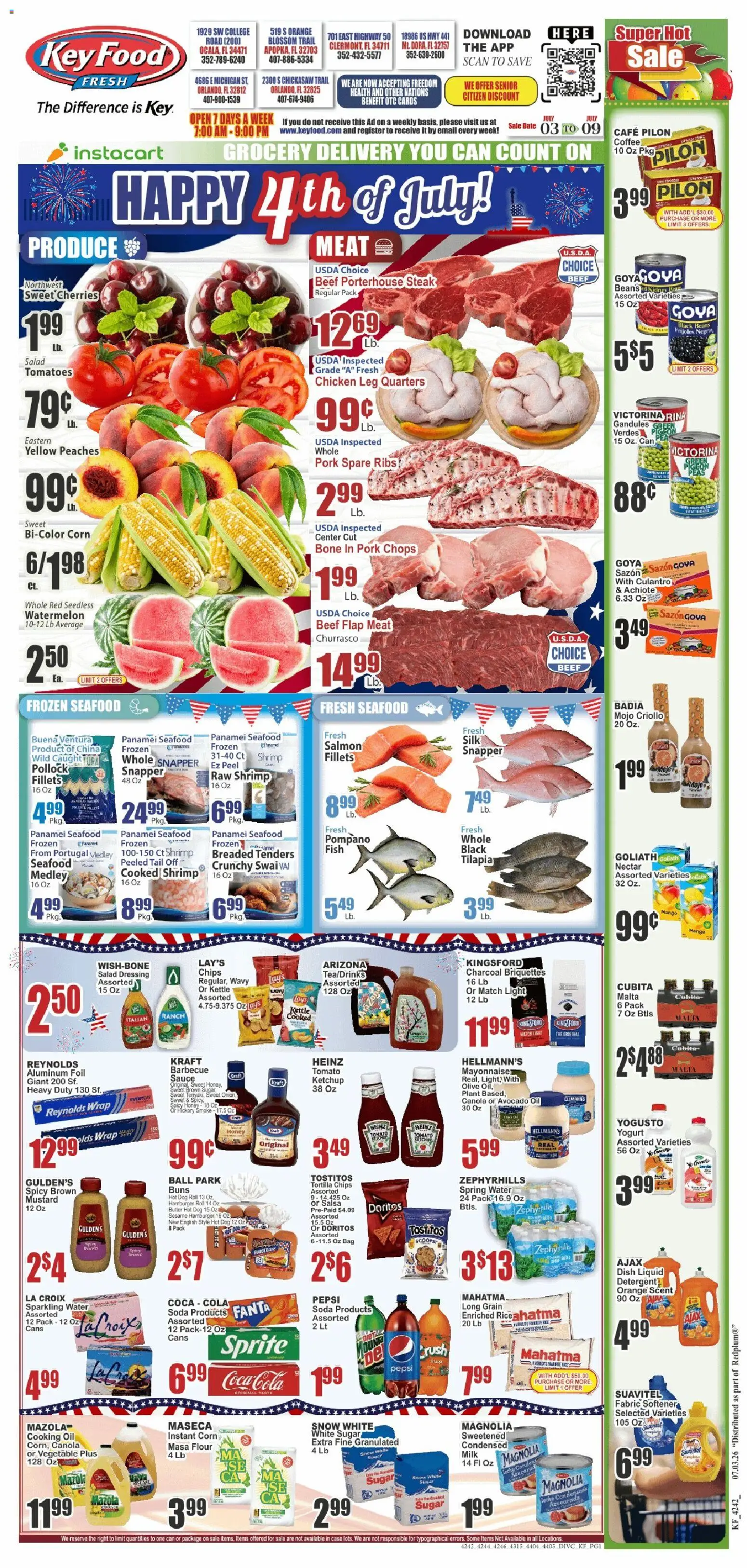 Ad Preview of Key Food Key Food Weekly Ad from 07/03/2026 - Coffee, Seafood, Salad, Salmon, Butter, Oil, Beef, Bag