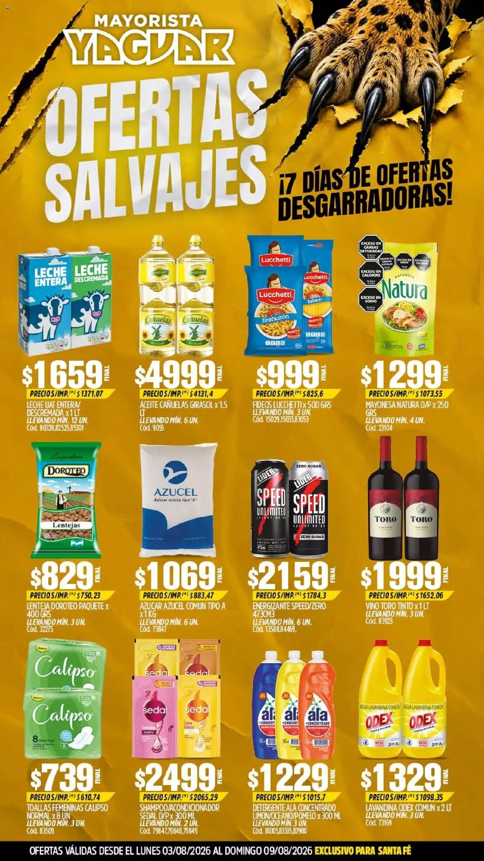 Vista previa del folleto de la tienda Yaguar válido desde el 03/08/2026 - Agua, Vino, Azucar, Aceite, Fideos, Lentejas, Lavandina, Toallas