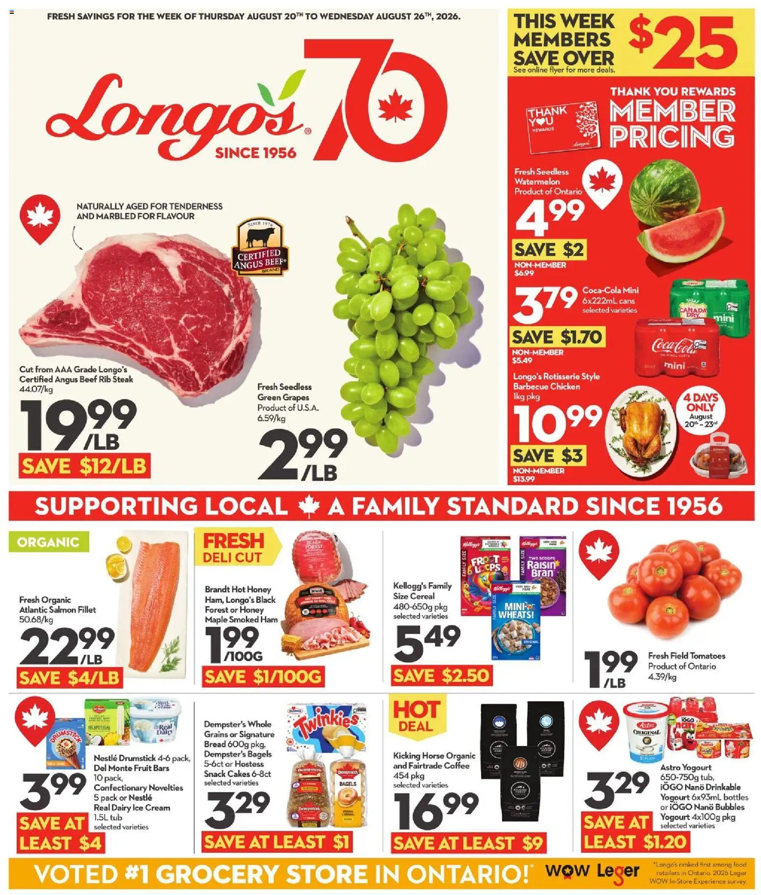 Preview of leaflet Longo's weekly flyer / circulaire from shop Longo's is valid from Aug 20, 2026 - Chicken, Honey, Fruit, Salmon, Beef, Ham, Cream, Salmon fillet