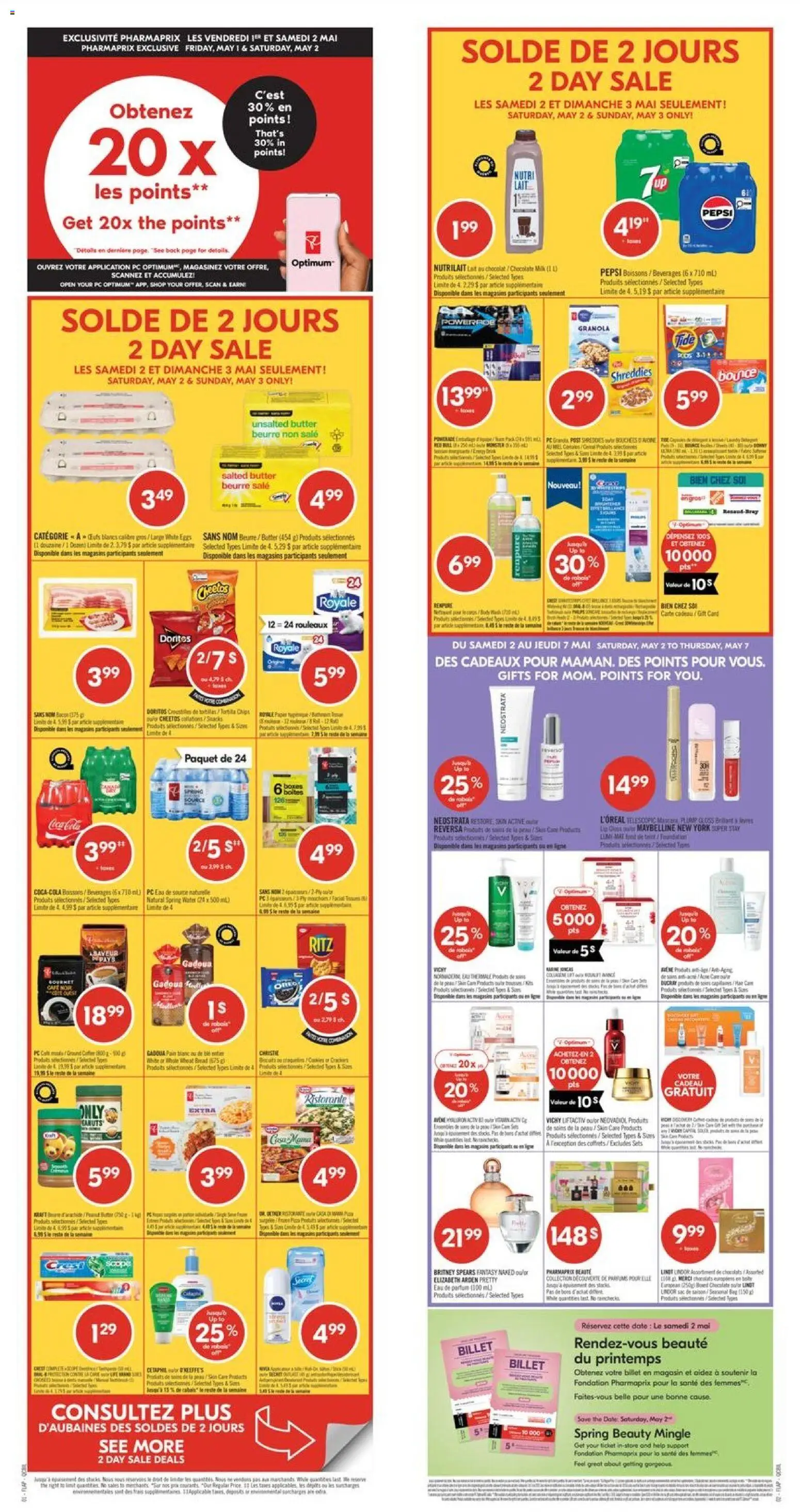 Preview of leaflet Pharmaprix weekly flyer / circulaire from shop Pharmaprix is valid from May 02, 2026 - Cookies, Chips, Cereals, Peanut butter, Mascara, Lasagne, Energy drink, Tortilla chips