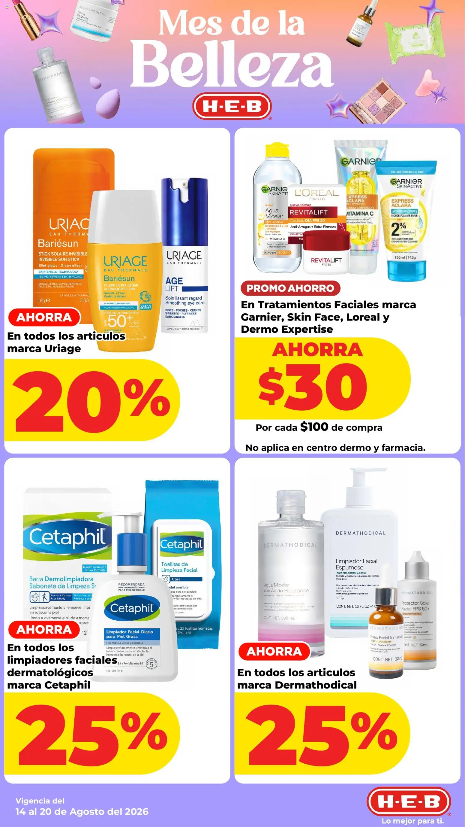 Vista previa las ofertas de la tienda H-E-B - H-E-B folleto desde el 14/08/2026 - Agua, Protector solar, Toallitas húmedas, Agua micelar, Barra, Limpiador facial, Fragancia, Radiante