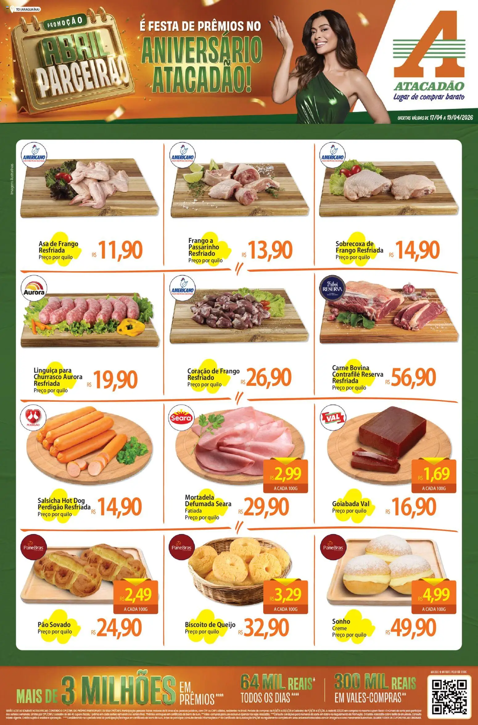 Pré-Visualização do folheto "Atacadão ofertas - TO" da loja Atacadão válido a partir de 17/04/2026 - Salsicha, Pão, Biscoito, Queijo, Boné, Mortadela, Asa de frango, Coração de frango