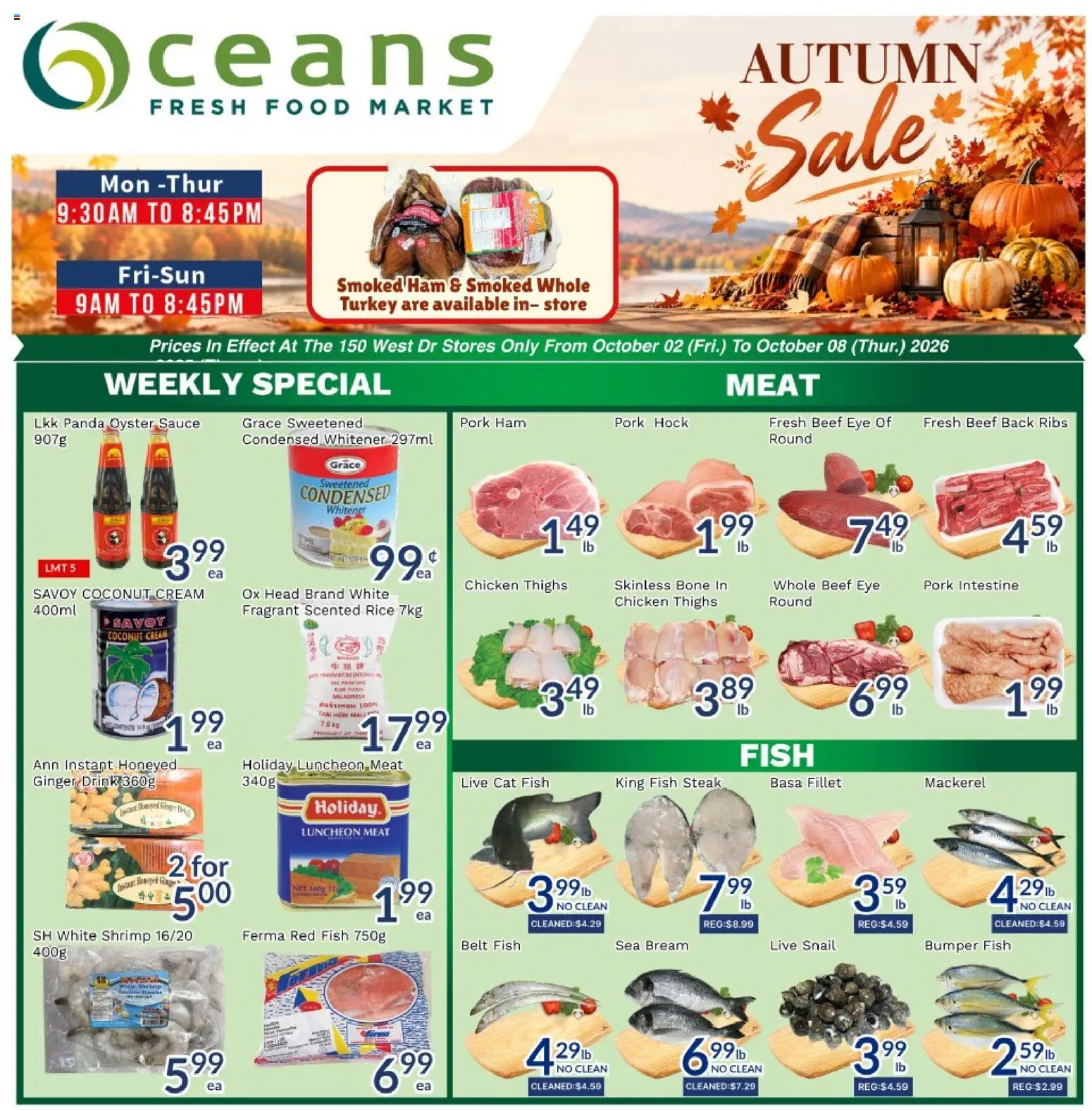 Preview of leaflet Oceans weekly flyer - Brampton from shop Oceans is valid from Oct 02, 2026 - Food, Fish, Ginger, Chicken thighs, Ham, Pork, Belt, Fillet