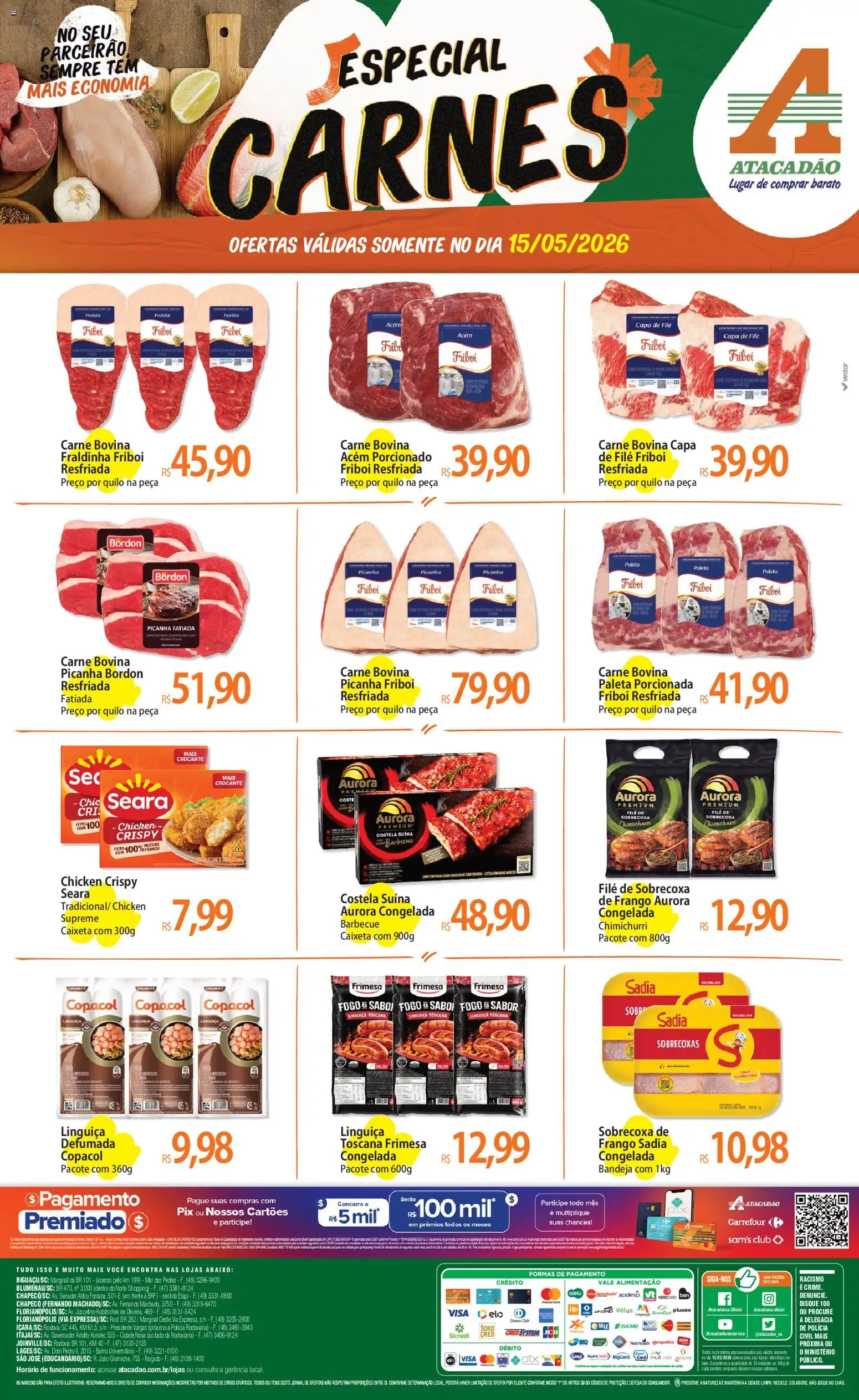 Pré-Visualização do folheto "Atacadão ofertas - SC" da loja Atacadão válido a partir de 15/05/2026 - Picanha, Carne, Frango, Fraldinha, Linguiça, Bandeja, Carne bovina, Picanha Bordon