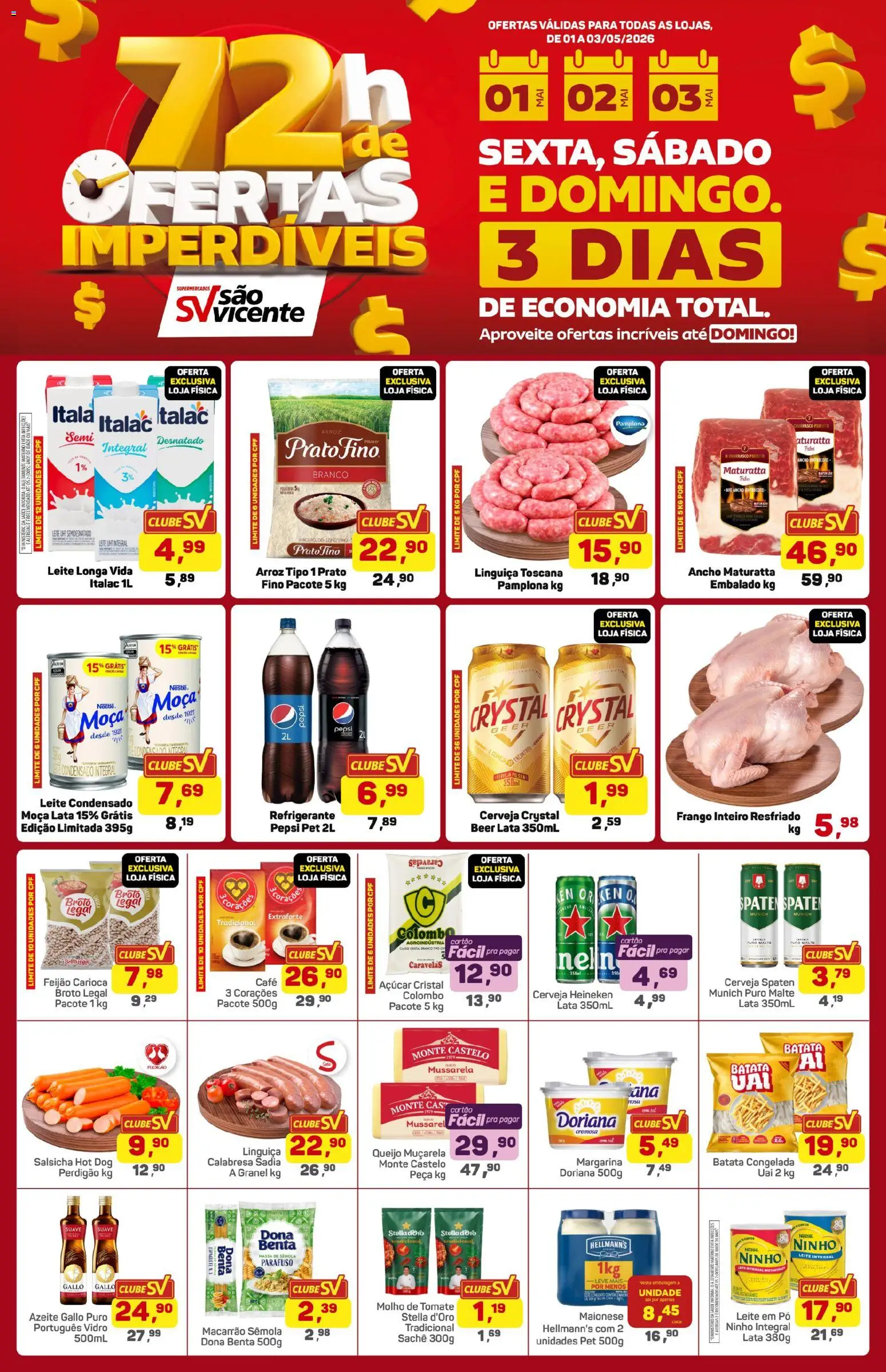 Pré-Visualização do folheto "Supermercados São Vicente - Ofertas da semana" da loja Supermercados São Vicente válido a partir de 01/05/2026 - Cerveja, Salsicha, Queijo, Leite em pó, Pepsi, Queijo muçarela, Leite longa vida, Ancho Maturatta