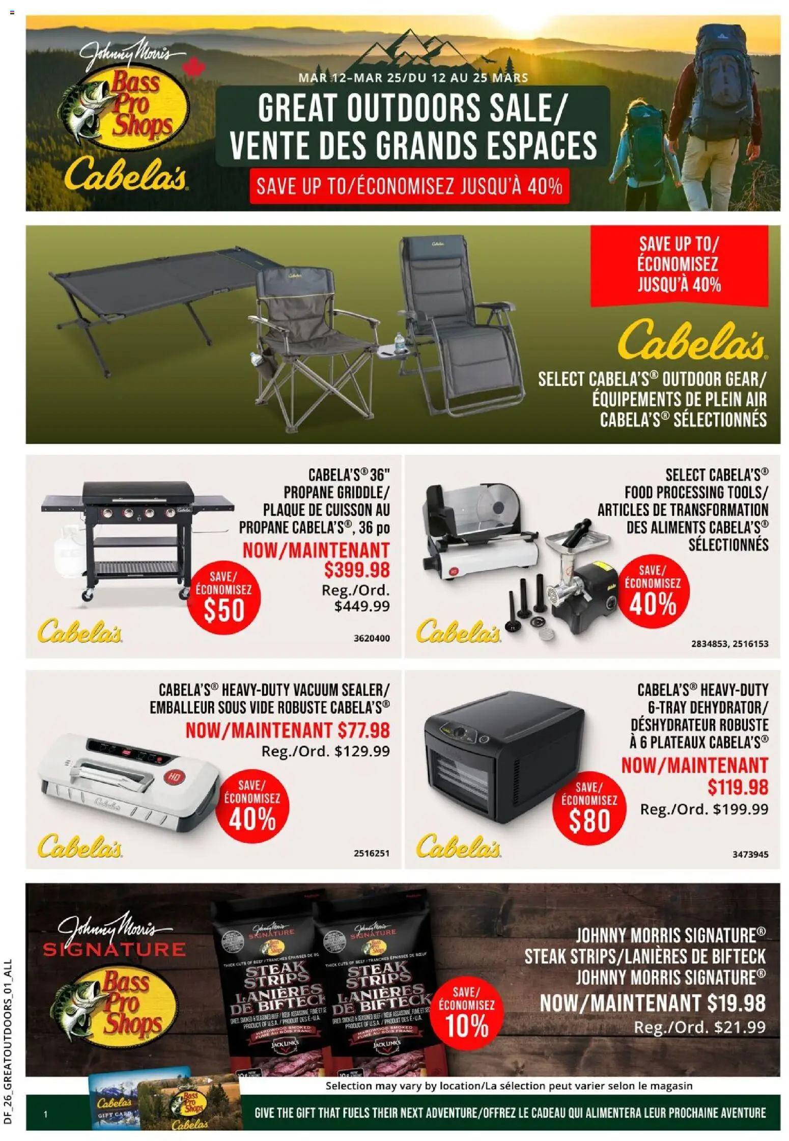 Preview of leaflet Cabelas weekly flyer / circulaire from shop Cabelas is valid from Mar 12, 2026 - Food, Steak, Beef, Strips