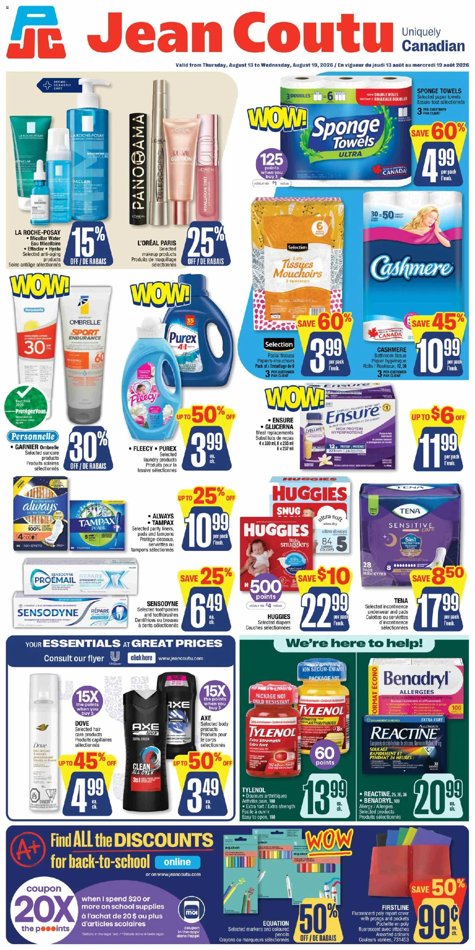 Preview of leaflet Jean Coutu weekly flyer from shop Jean Coutu is valid from Aug 13, 2026 - Protein, Sunscreen, Diapers, Vanilla, Micellar water, Underwear, Paper towels, Towels