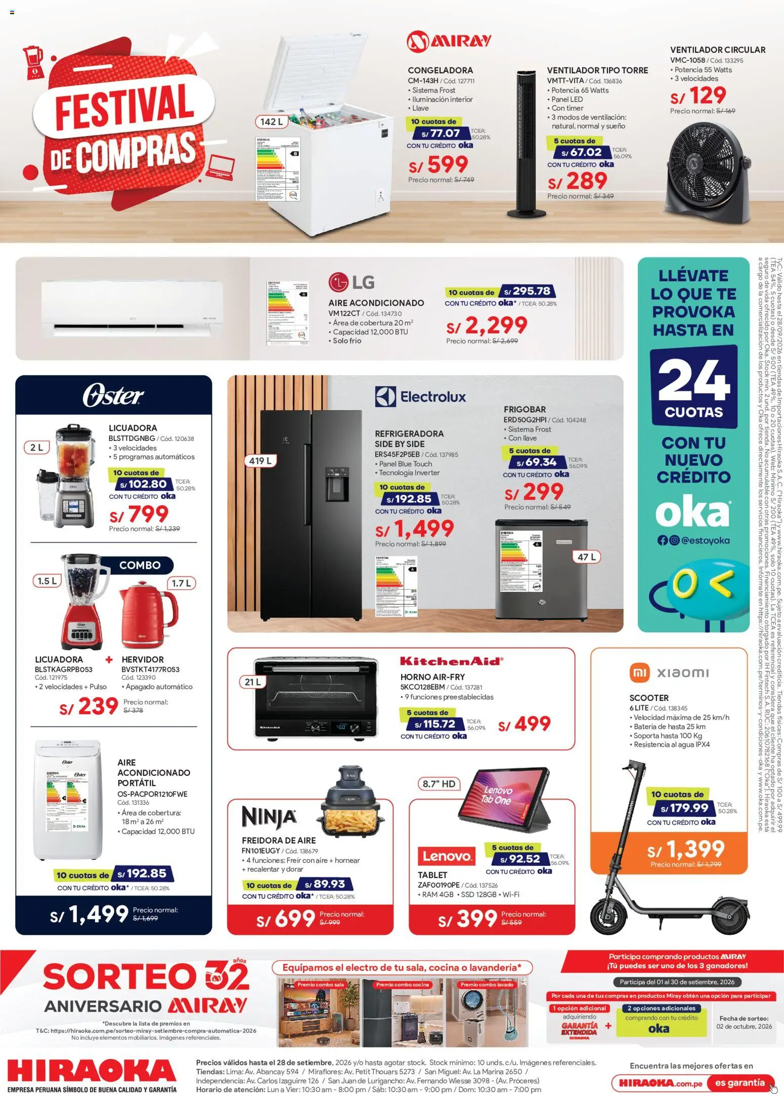 Vista previa de Catálogo Hiraoka - Festival De Compras de la tienda Hiraoka válido desde 28/08/2026 - Lima, Té, Cocina, Tablet, Ventilador, Licuadora, Iluminación, Hervidor