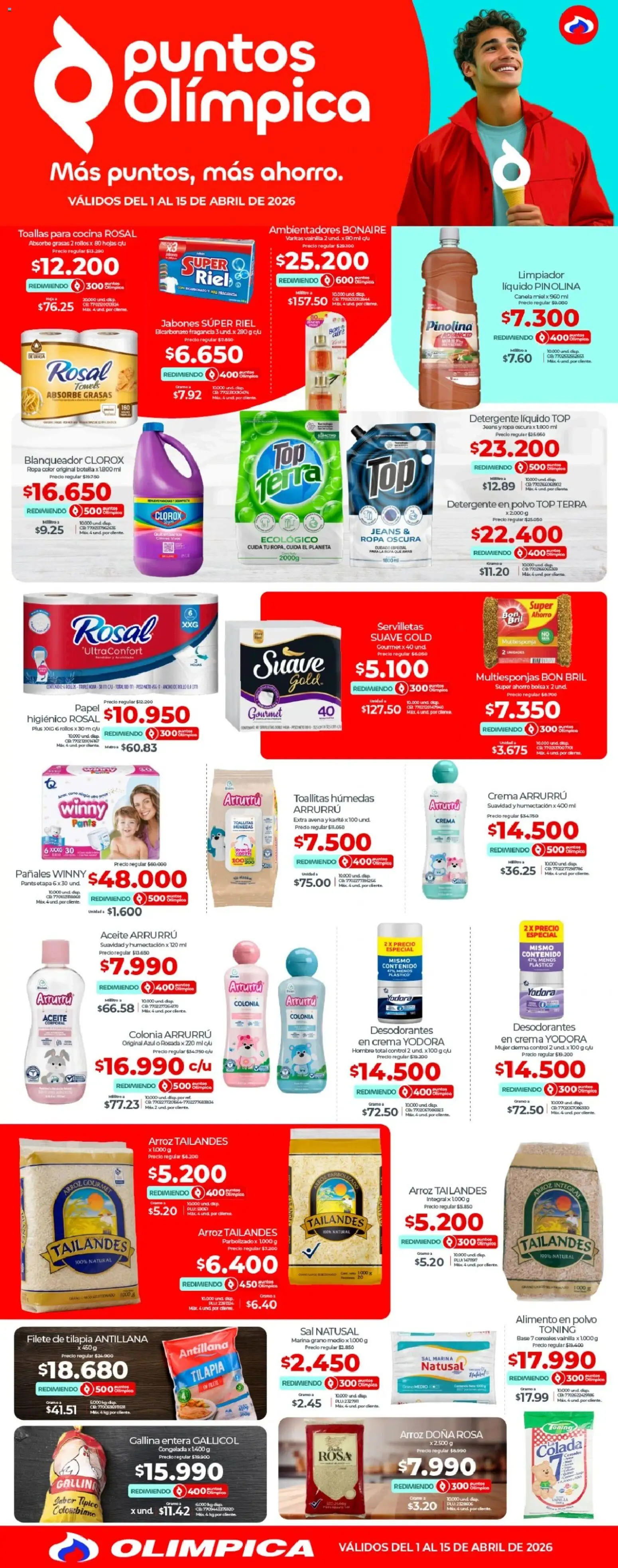  Vista previa del prospecto Olímpica catálogo - Más puntos, más ahorro del almacen Olímpica válida del 01/04/2026 al 15/04/2026 - Cocina, Hoja, Crema, Pañales, Limpiador, Toallitas húmedas, Blanqueador, Quitamanchas