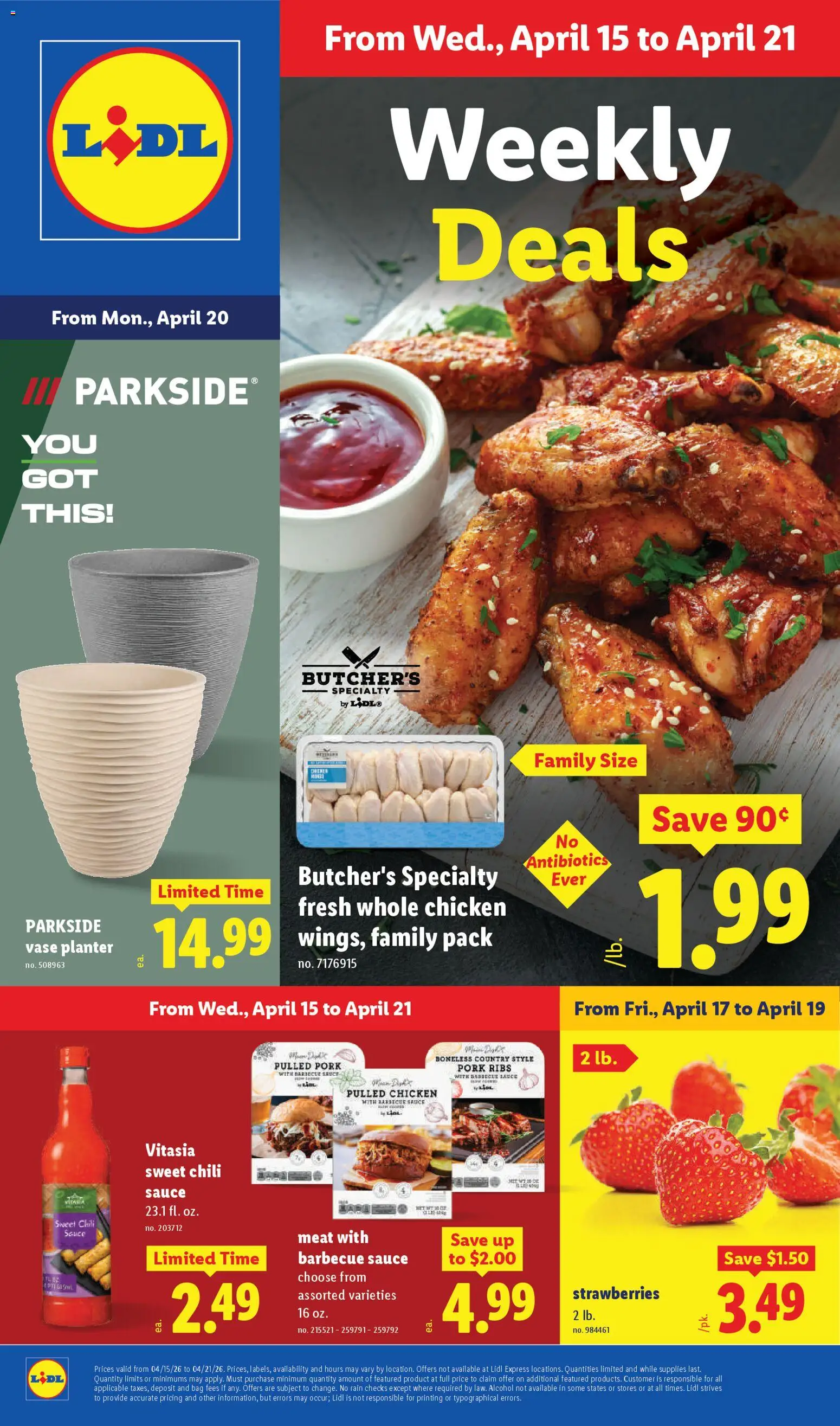 Ad Preview of Lidl Lidl Weekly Ad from 04/15/2026 - Strawberries, Vase, Sauce, Pulled pork, Pork ribs, Barbecue sauce, Whole chicken, Chicken