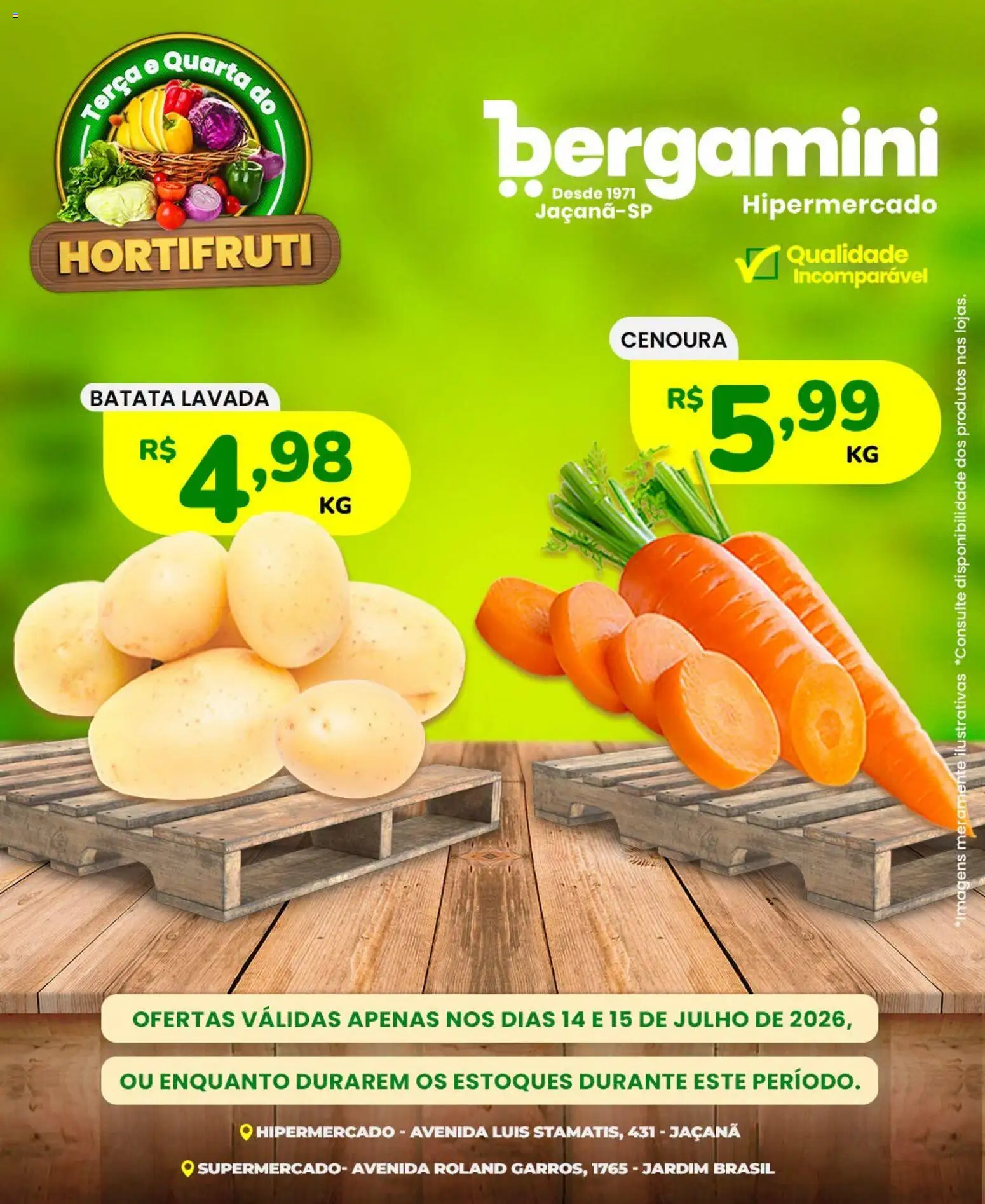 Pré-Visualização do folheto "Supermercado Bergamini ofertas Hortifruti" da loja Supermercado Bergamini válido a partir de 14/07/2026 - Batata, Cenoura