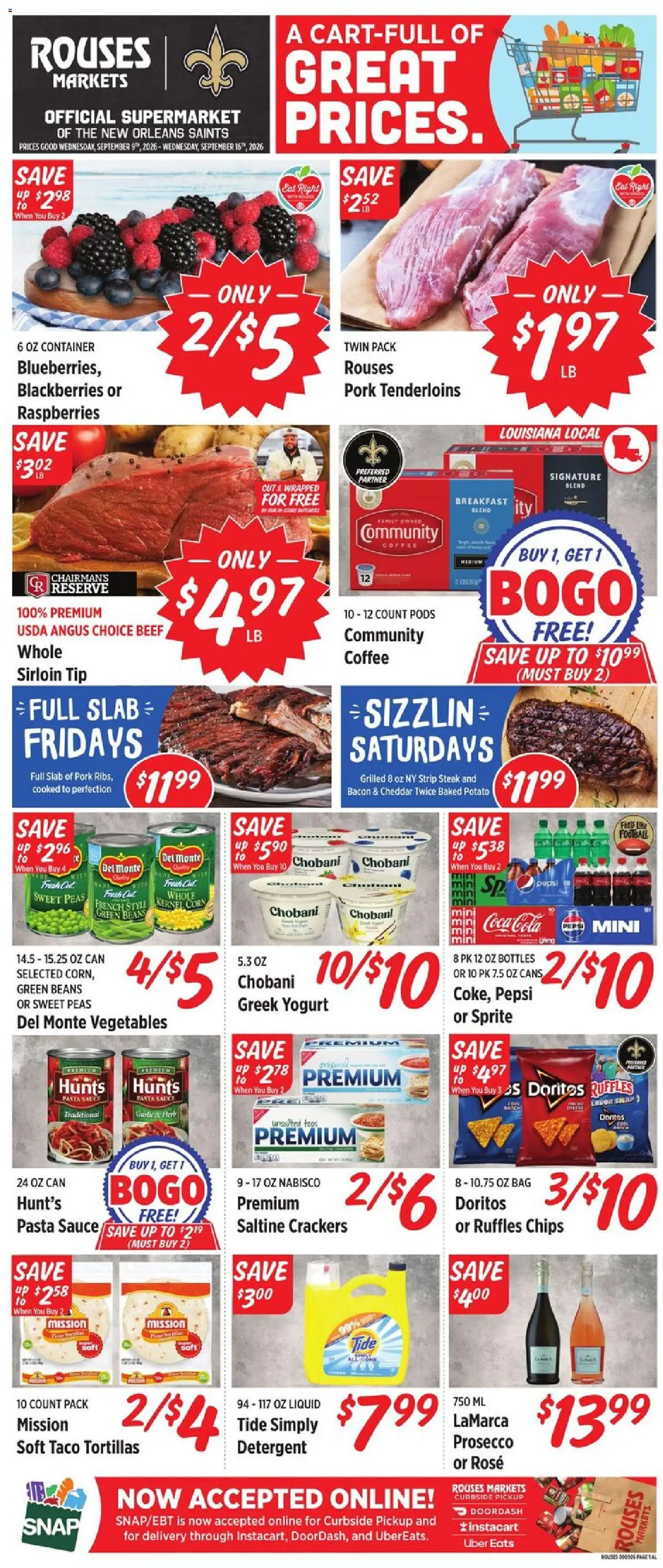 Ad Preview of Rouses Rouses Weekly Ad from 09/09/2026 - Steak, Chips, Corn, Bacon, Greek yogurt, Beans, Bag, Crackers