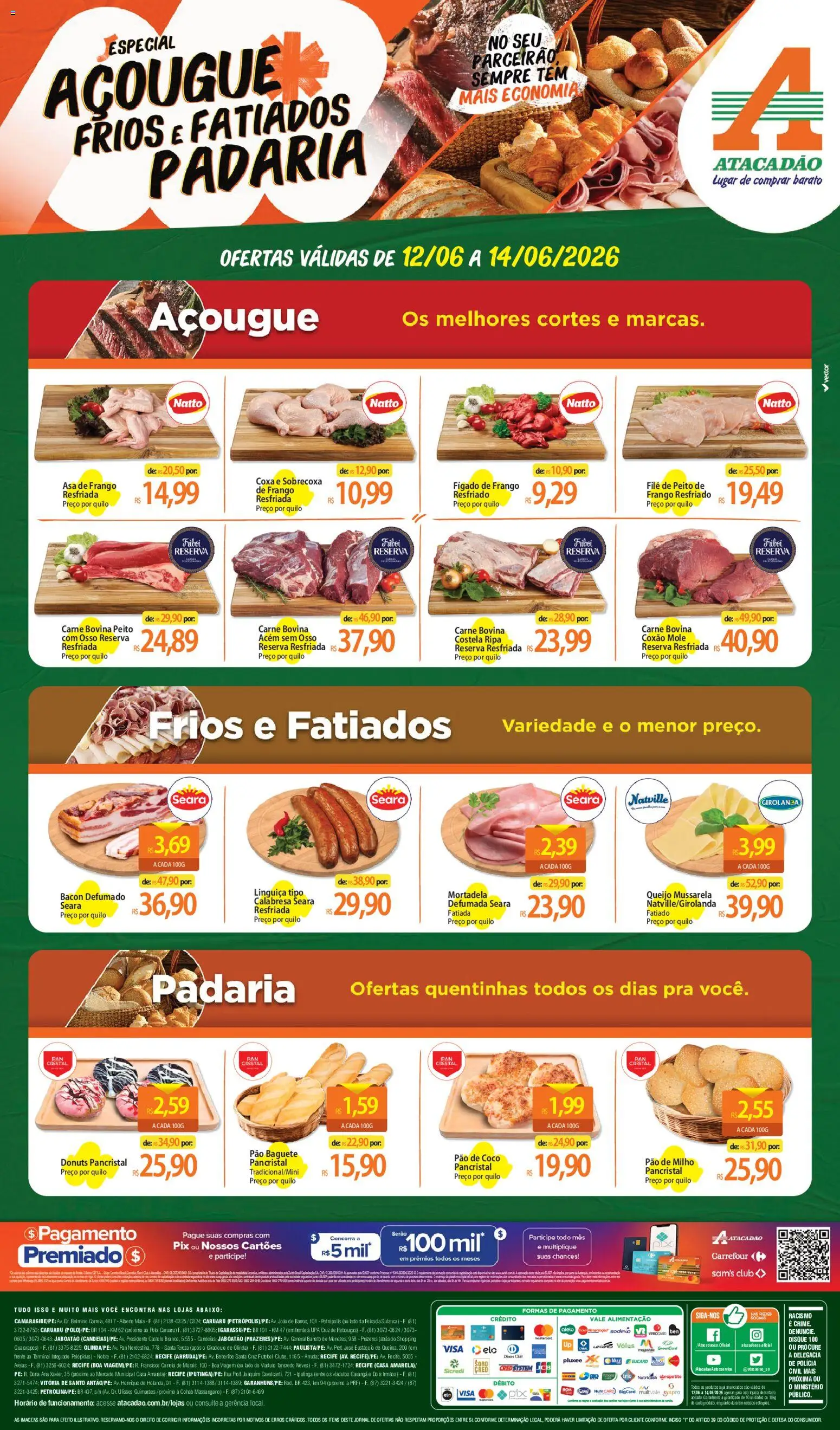Pré-Visualização do folheto "Atacadão ofertas - PE" da loja Atacadão válido a partir de 12/06/2026 - Pão, Queijo, Mussarela, Milho, Bacon, Linguiça, Asa de frango, Sobrecoxa de frango
