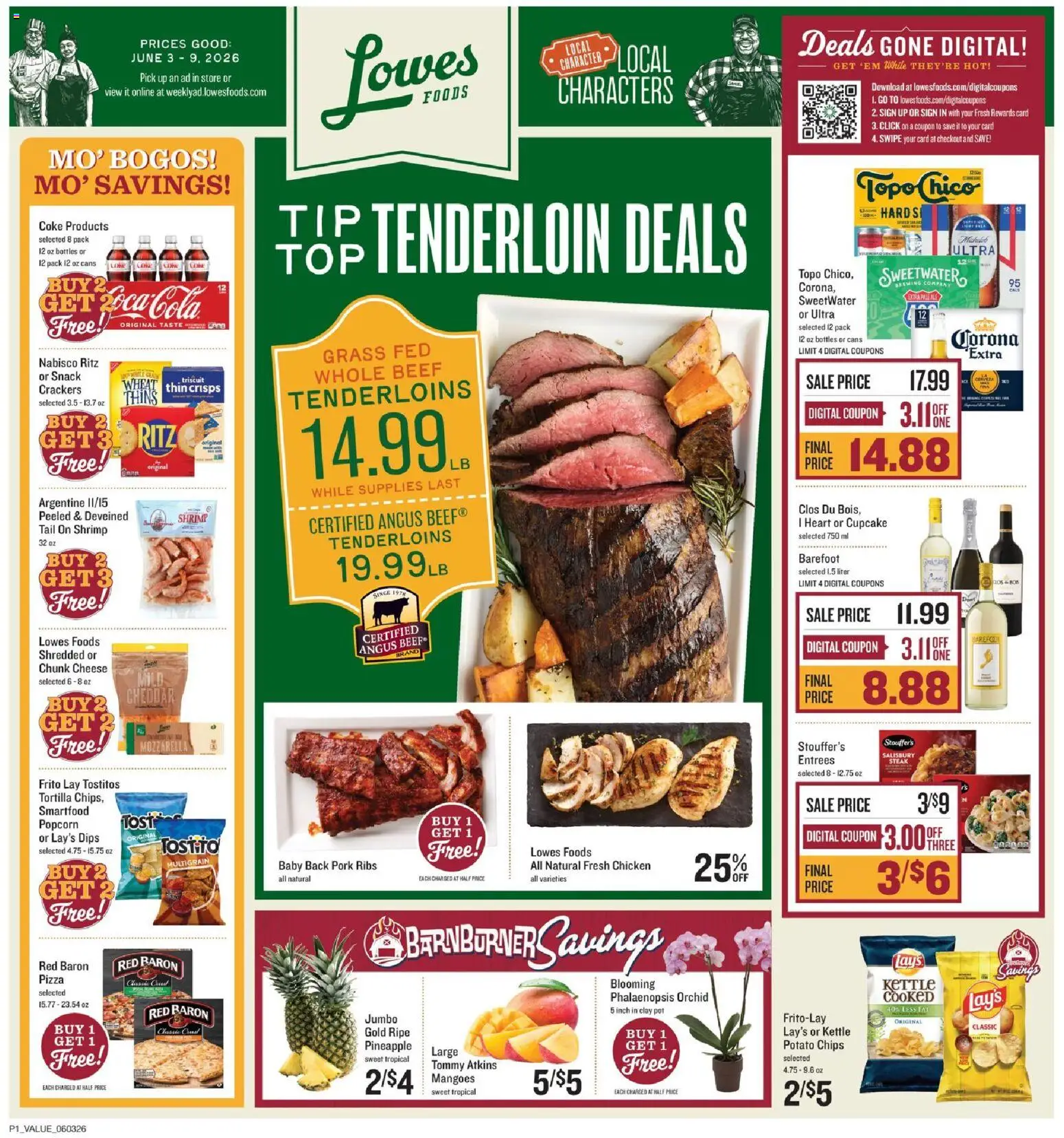 Ad Preview of Lowes Foods Lowes Foods Weekly Ad - NC from 06/03/2026 - Popcorn, Cheese, Crackers, Pork, Mozzarella, Potato chips, Kettle, Pork ribs
