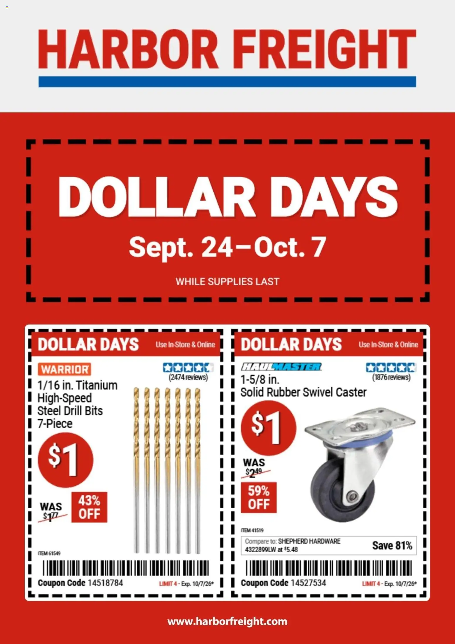 Ad Preview of Harbor Freight Harbor Freight Dollar Days from 09/24/2026 - Caster, Swivel