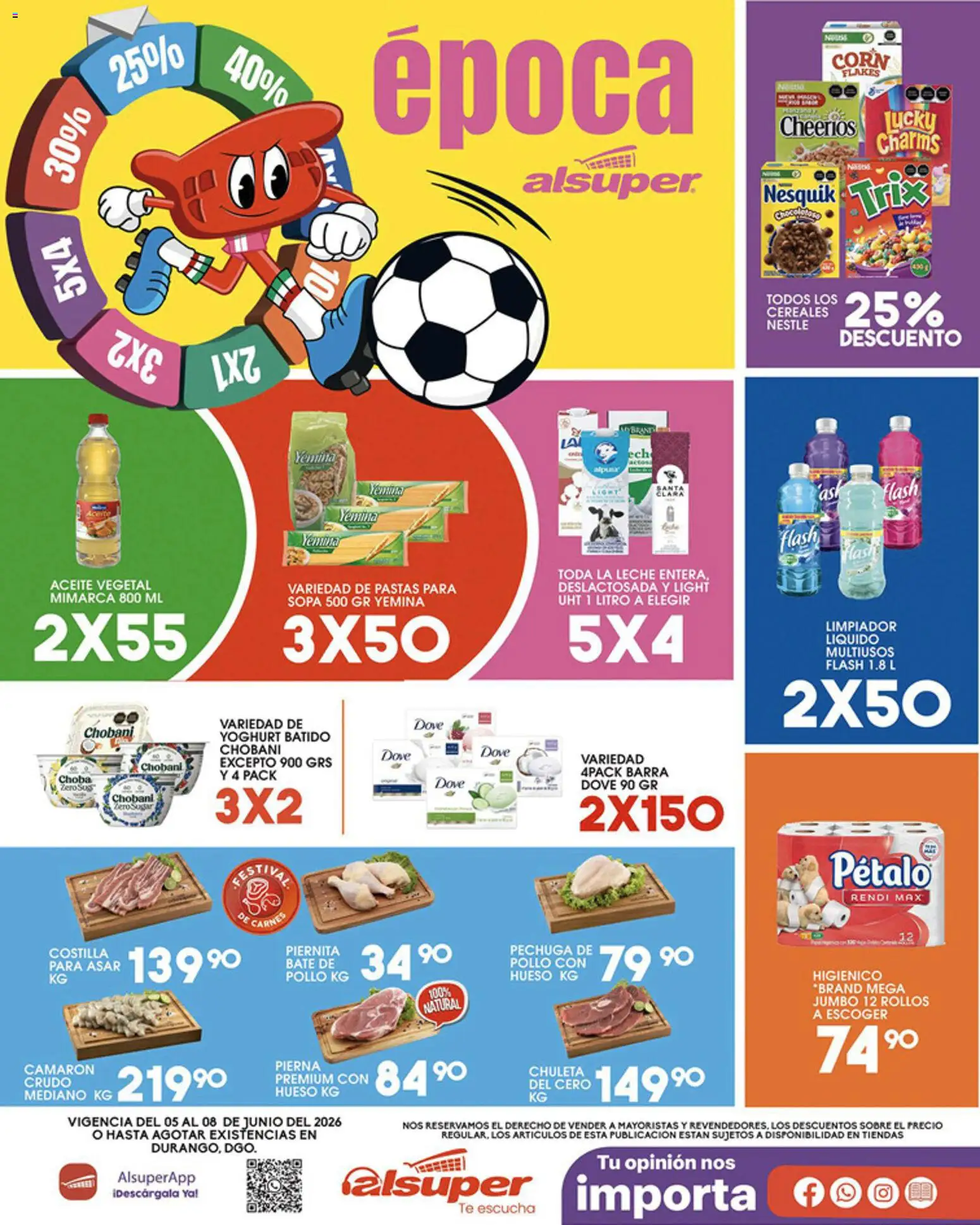 Vista previa las ofertas de la tienda Alsuper - Alsuper folleto Durango desde el 05/06/2026 - Pollo, Té, Cereales, Cerdo, Sopa, Aceite vegetal, Barra, Limpiador