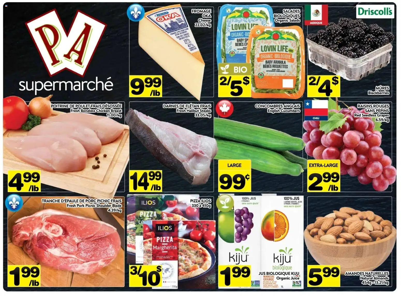 Preview of leaflet Pa Supermarché weekly flyer / circulaire from shop Pa Supermarché is valid from Apr 27, 2026 - Pizza, Chicken, Chili, Cheese, Juice, Pork, Chicken breast, Seedless grapes