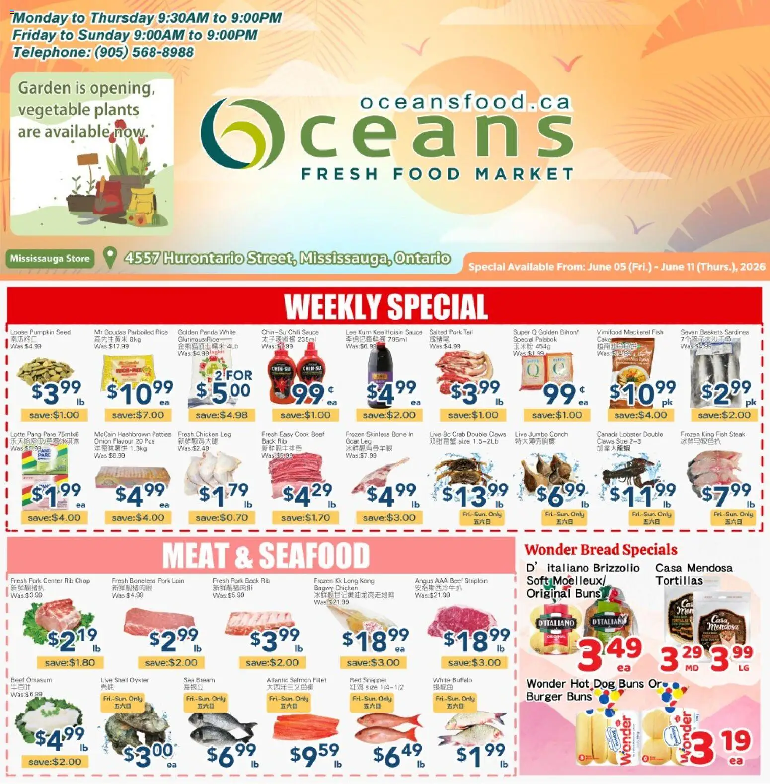 Preview of leaflet Oceans weekly flyer - Mississauga from shop Oceans is valid from Jun 05, 2026 - Food, Bread, Meat, Beef, Tortillas, Onion, Pork, Fillet