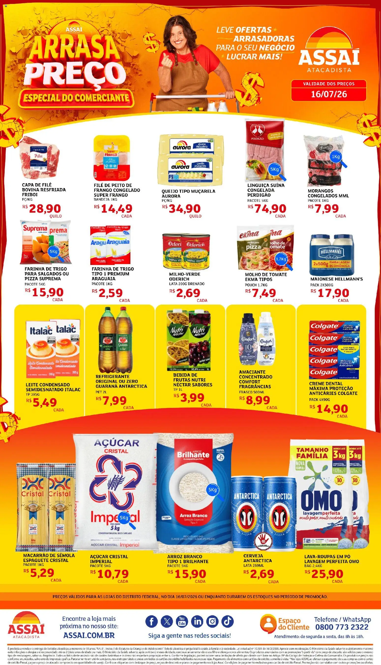 Pré-Visualização do folheto "Assaí Atacadista ofertas - DF" da loja Assaí Atacadista válido a partir de 16/07/2026 - Leite, Frango, Mussarela, Pó, Molho de tomate, Farinha, Guaraná, Espaguete