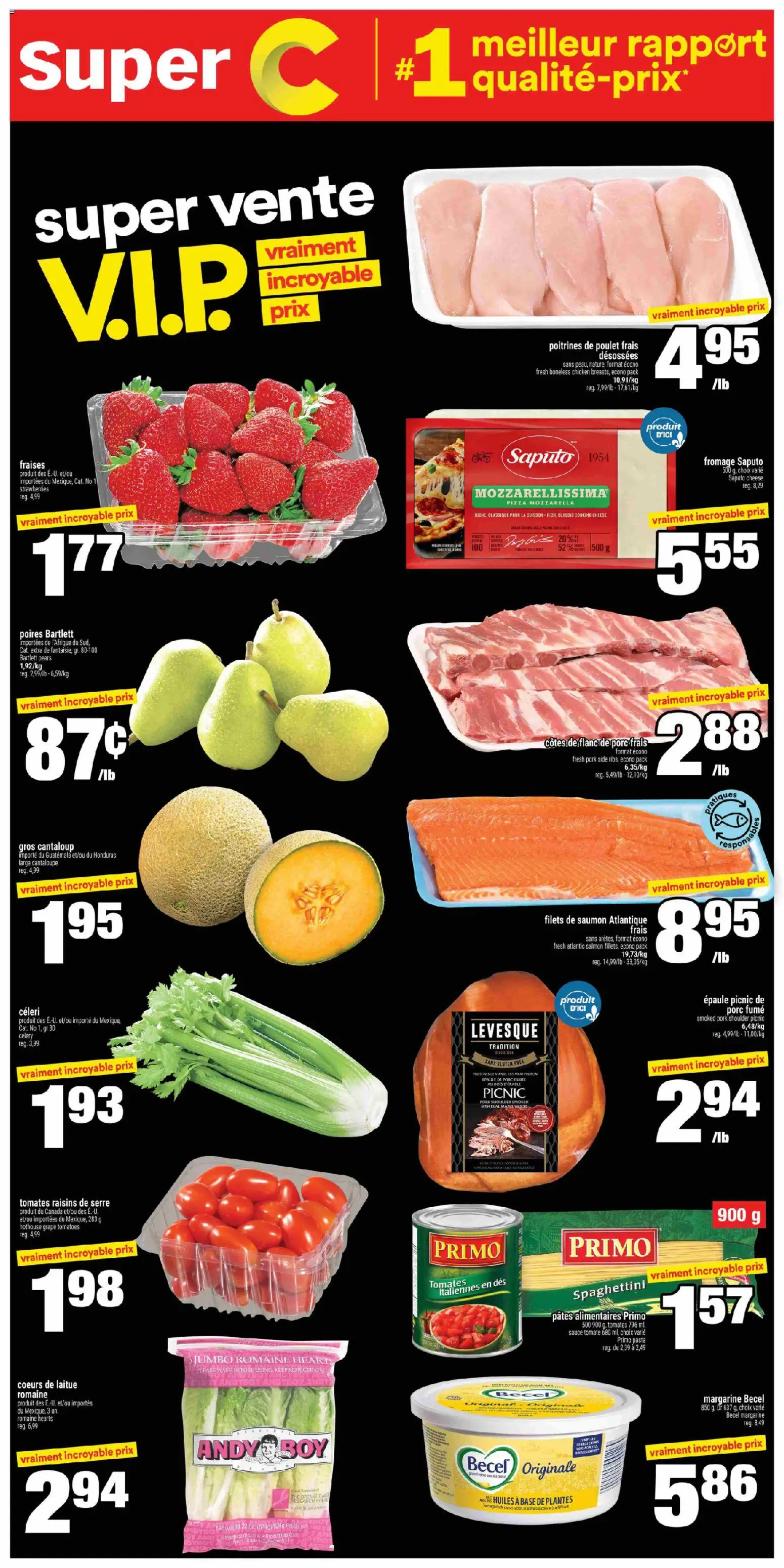 Preview of leaflet Super C weekly flyer - Chandler from shop Super C is valid from Mar 19, 2026 - Pizza, Chicken, Cheese, Salmon, Tomatoes, Mozzarella, Raisins, Pork shoulder