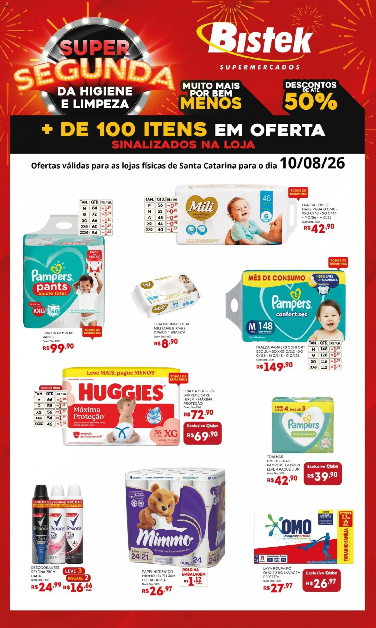 Pré-Visualização do folheto "Bistek Supermercados ofertas Super Segunda" da loja Bistek Supermercados válido a partir de 10/08/2026 - Fraldas, Fralda pampers, Pampers, Rexona, Romã, Pó, Aloe Vera, Toalha umedecida