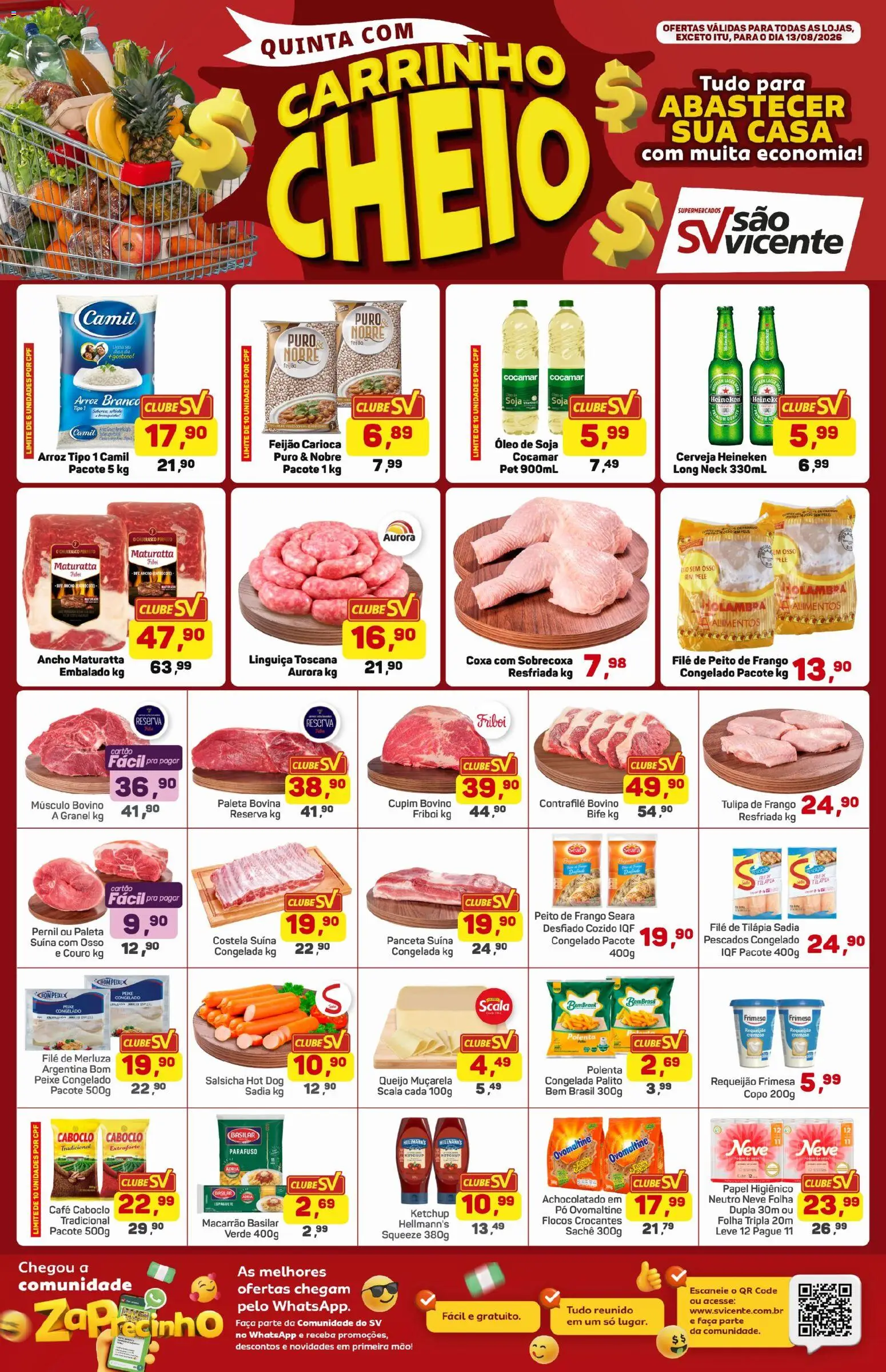 Pré-Visualização do folheto "Supermercados São Vicente - Ofertas da semana" da loja Supermercados São Vicente válido a partir de 13/08/2026 - Pá, Heineken, Óleo, Peito de frango, Alimentos, Filé de tilápia, Achocolatado, Músculo bovino