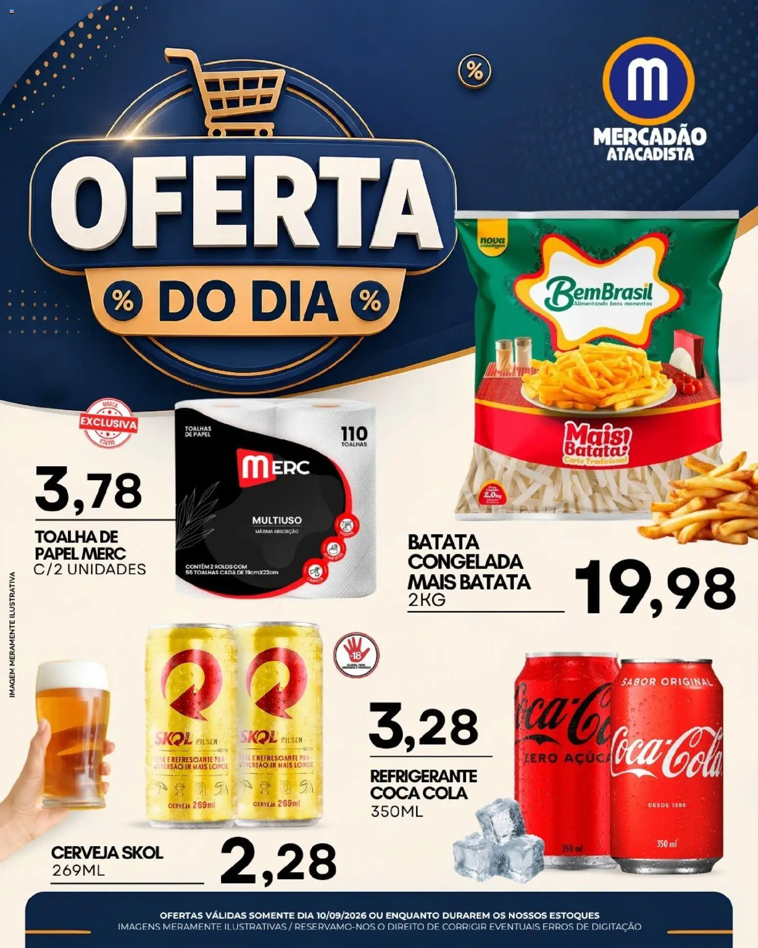 Pré-Visualização do folheto "Mercadão Atacadista ofertas do Dia" da loja Mercadão Atacadista válido a partir de 10/09/2026 - Cerveja, Batata, Refrigerante, Cola