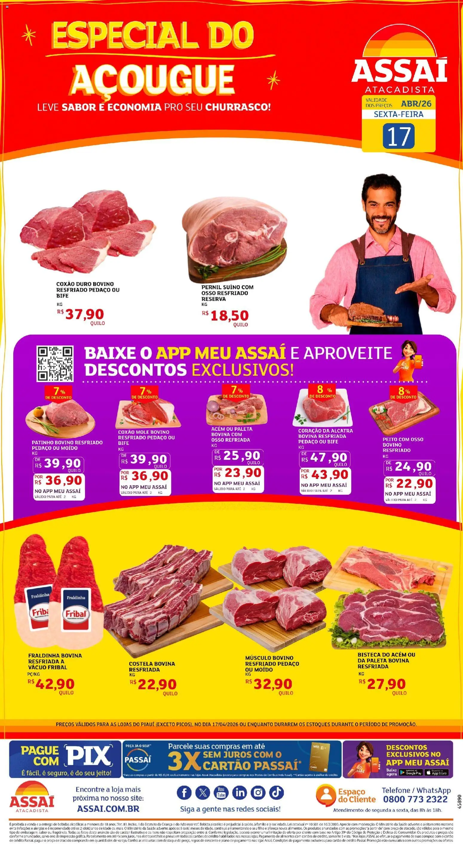 Pré-Visualização do folheto "Assaí Atacadista ofertas - PI" da loja Assaí Atacadista válido a partir de 17/04/2026 - Pneus, Base, Bebida, Fraldinha, Alimentos, Pernil, Costela bovina, Pernil suíno