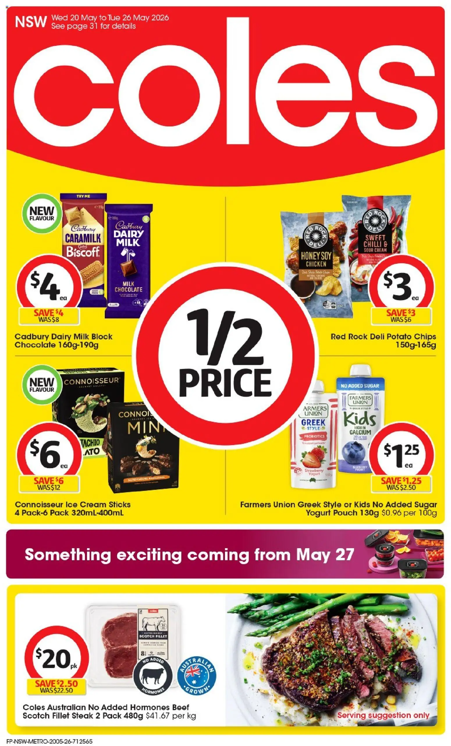 Preview of catalogue Coles catalogue from shop Coles valid 19/05/2026 - Yogurt, Honey, Chicken, Chips, Probiotics, Ice cream, Scotch, Fillet