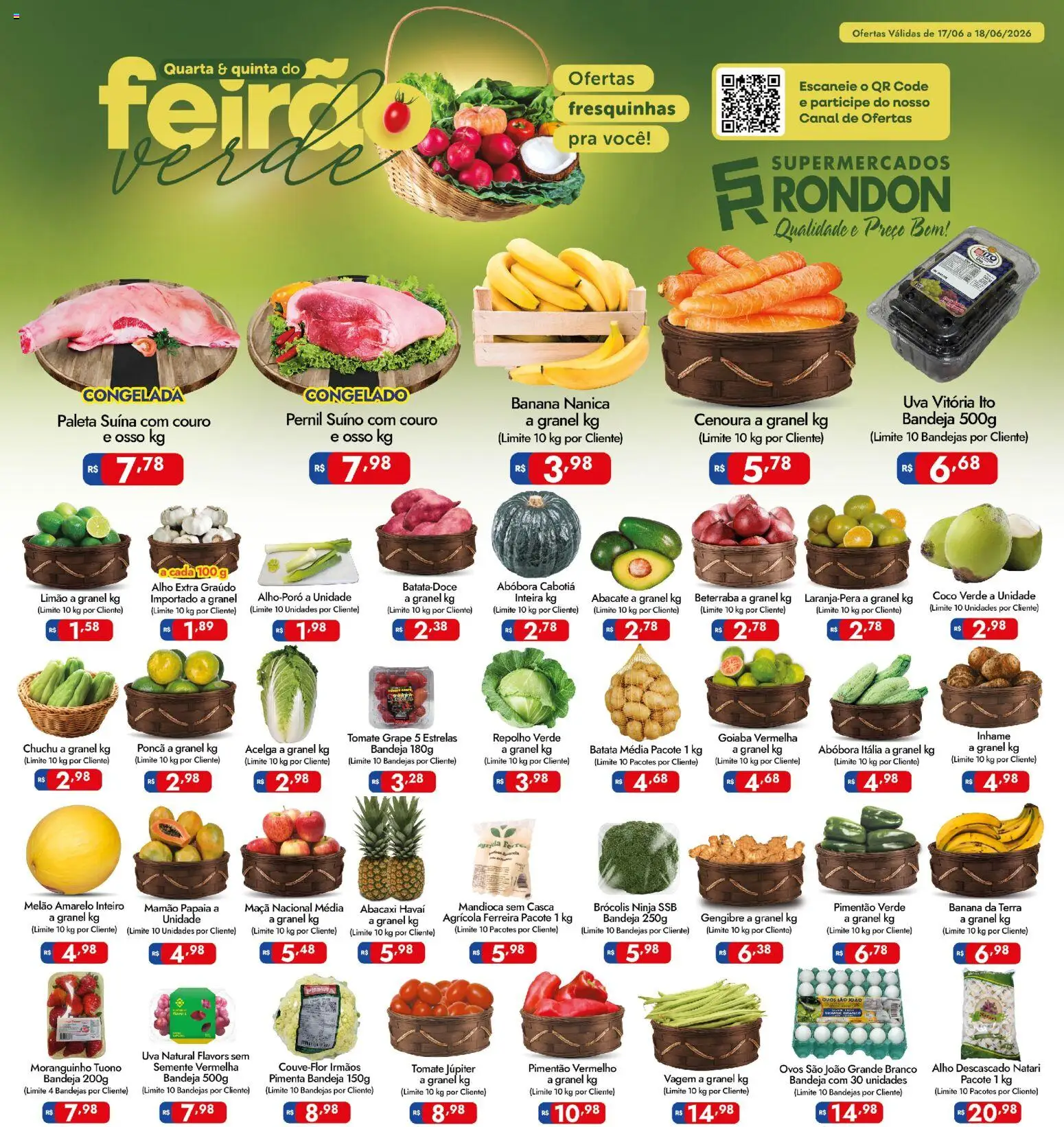 Pré-Visualização do folheto "Supermercados Rondon - Ofertas da semana" da loja Supermercados Rondon válido a partir de 17/06/2026 - Ovos, Gengibre, Batata, Goiaba, Cenoura, Pimentão, Paleta suína, Melão amarelo