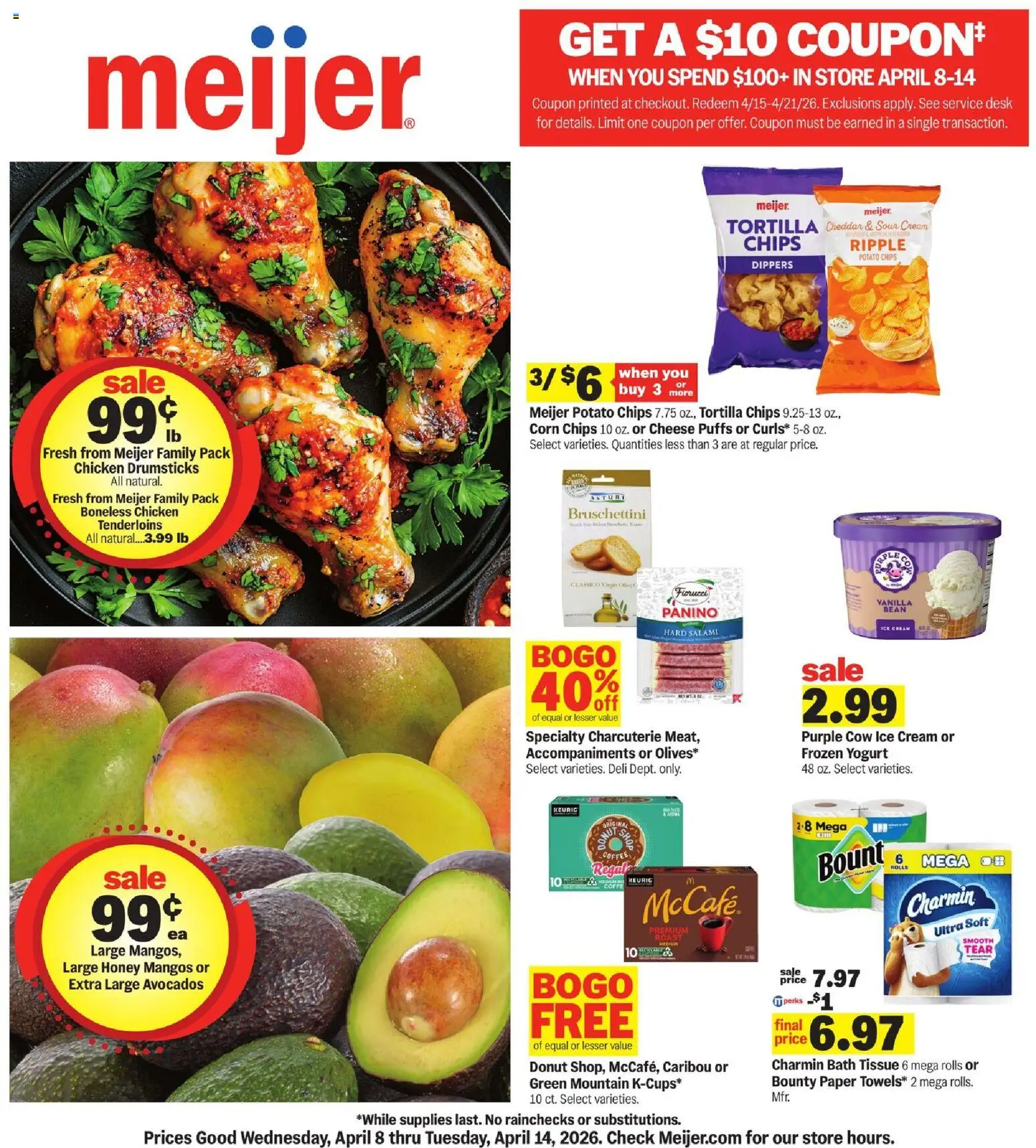 Ad Preview of Meijer Meijer Weekly Ad from 04/08/2026 - Coffee, Ice cream, Donut, Honey, Salami, Sour cream, Drumsticks, Chicken drumsticks