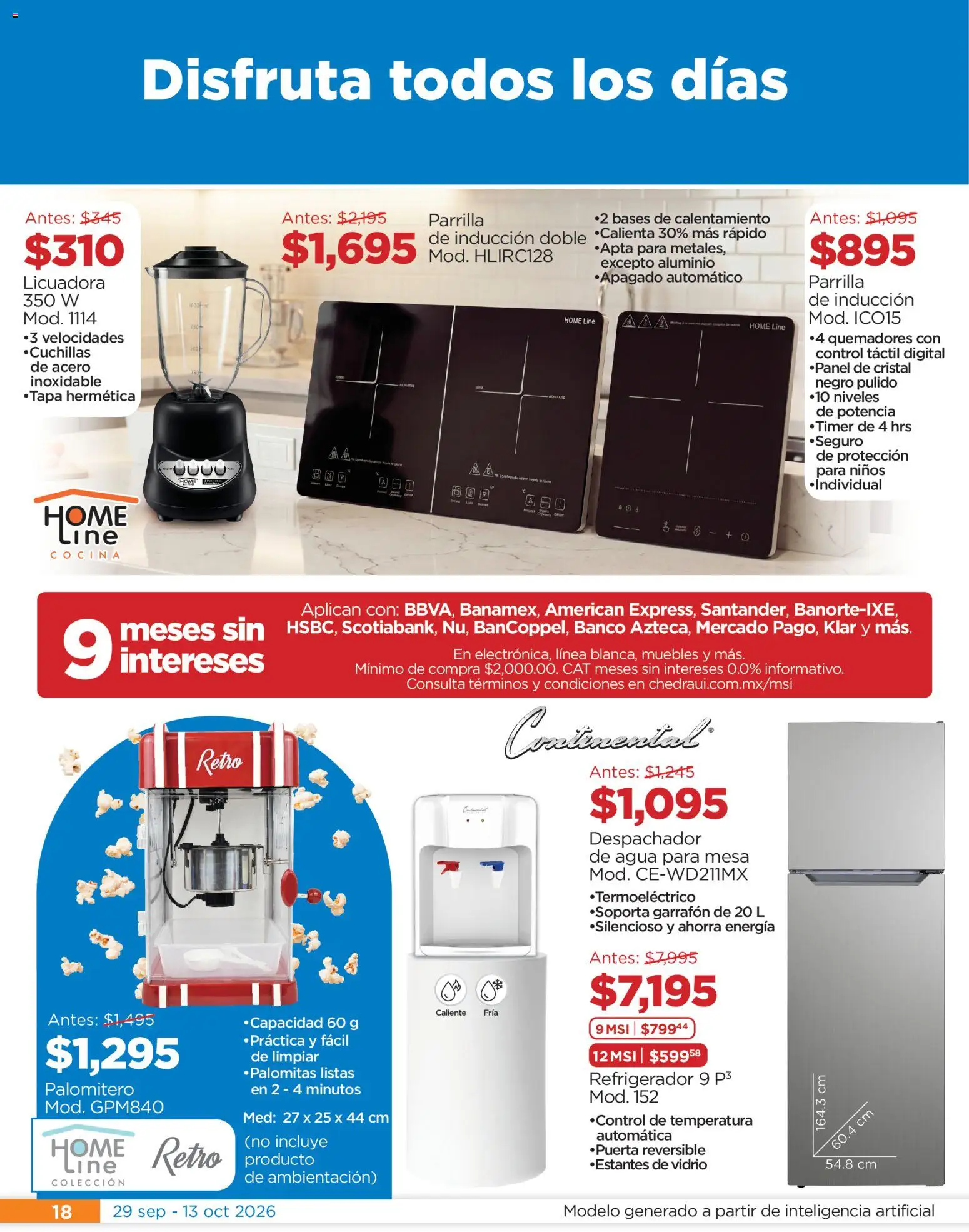 Vista previa las ofertas de la tienda Chedraui - Chedraui folleto Festival marca propia desde el 29/09/2026 - Banco, Refrigerador, Agua, Palomitas, Licuadora, Cocina, Mesa, Parrilla