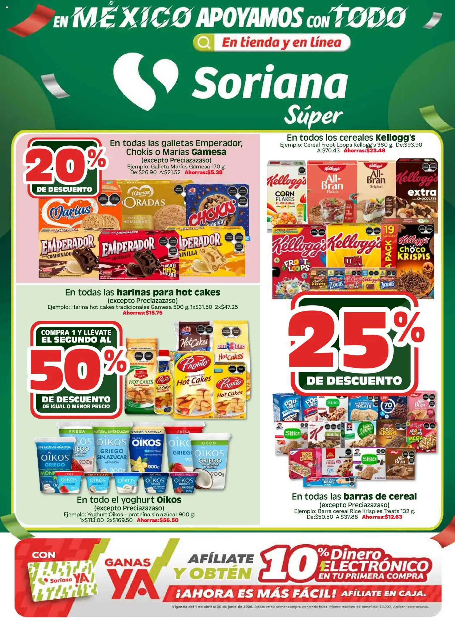 Vista previa las ofertas de la tienda Soriana - Soriana En México apoyamos con todo - Súper desde el 09/04/2026 - Chocolate, Fresa, Coco, Galletas, Proteína, Azúcar, Cereales, Harina